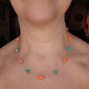 Collana Artigianale Argento 925 Dorato Corallo Salmone Turchese