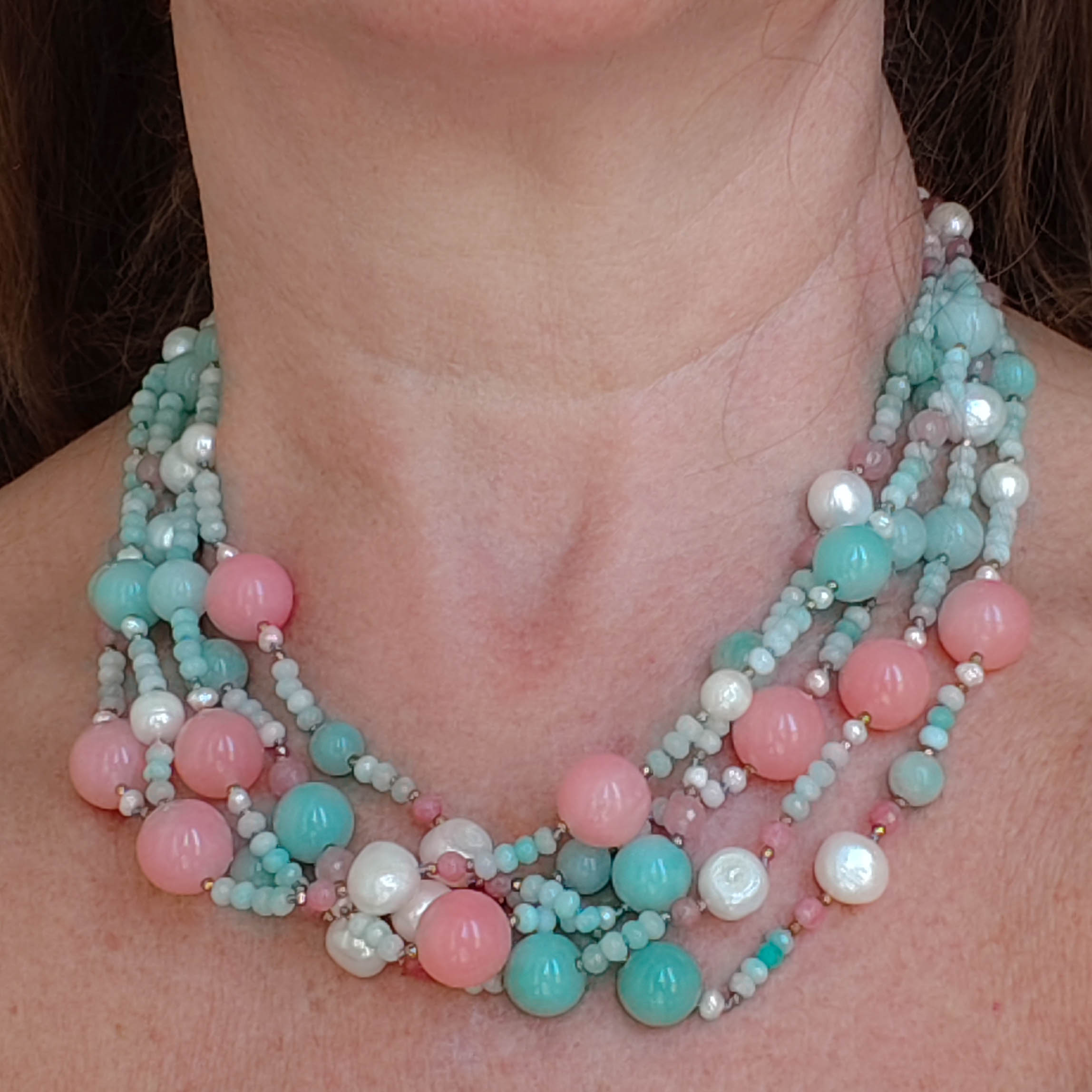 STRAWBERRY JADE AMAZONITE SILVER PEARL NECKLACE (1)