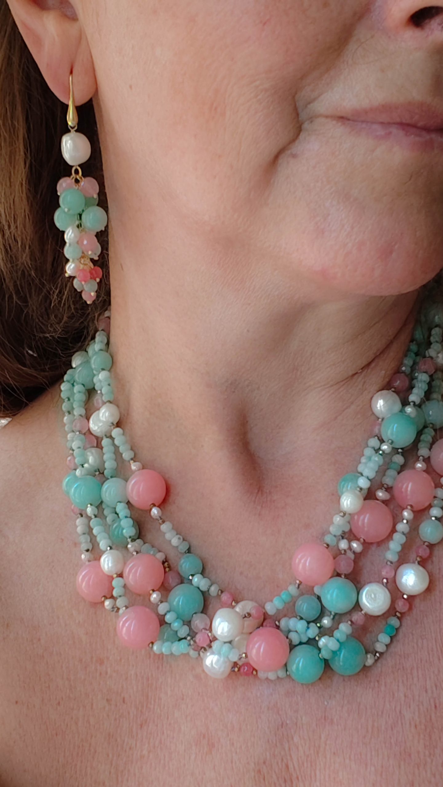 STRAWBERRY JADE AMAZONITE SILVER PEARL NECKLACE (10)