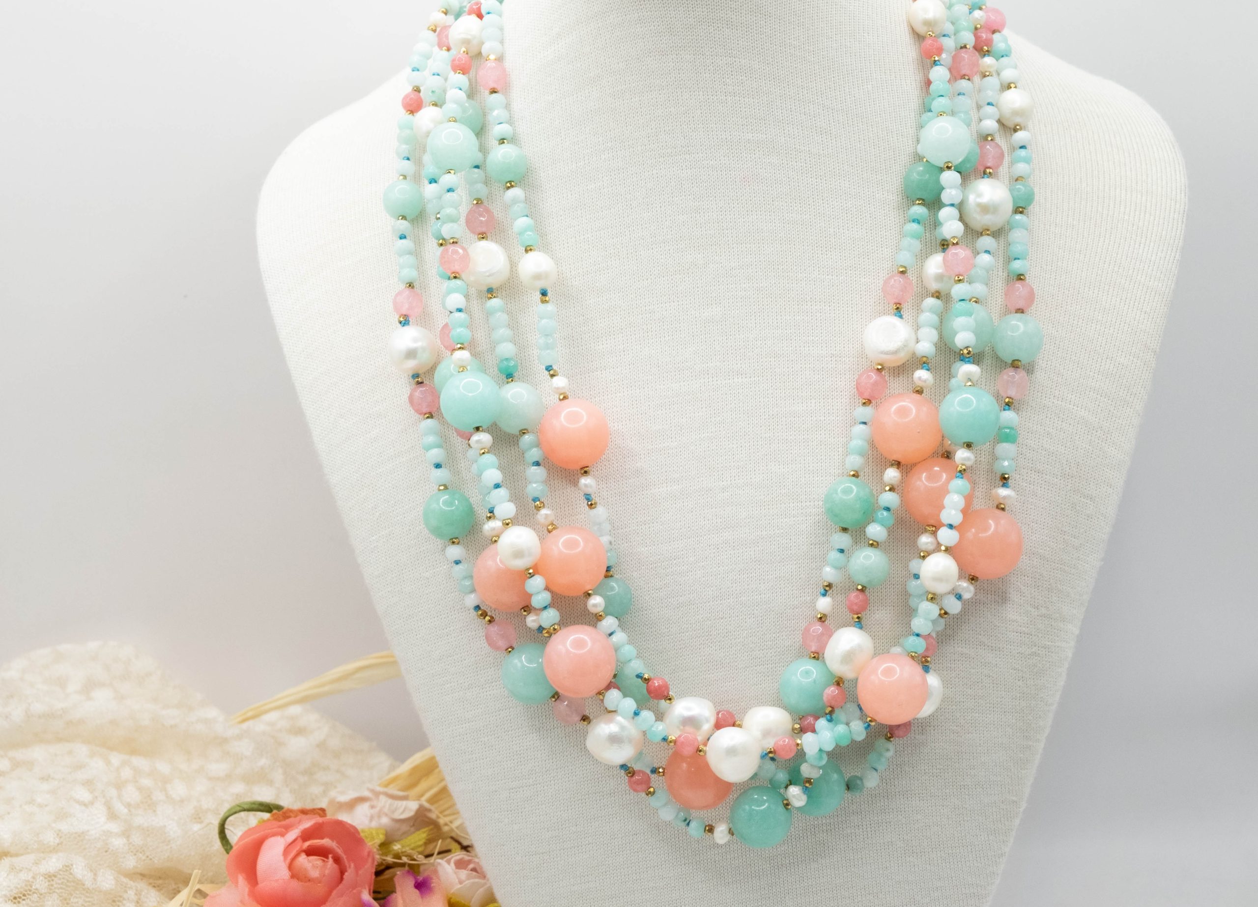 STRAWBERRY JADE AMAZONITE SILVER PEARL NECKLACE (2)