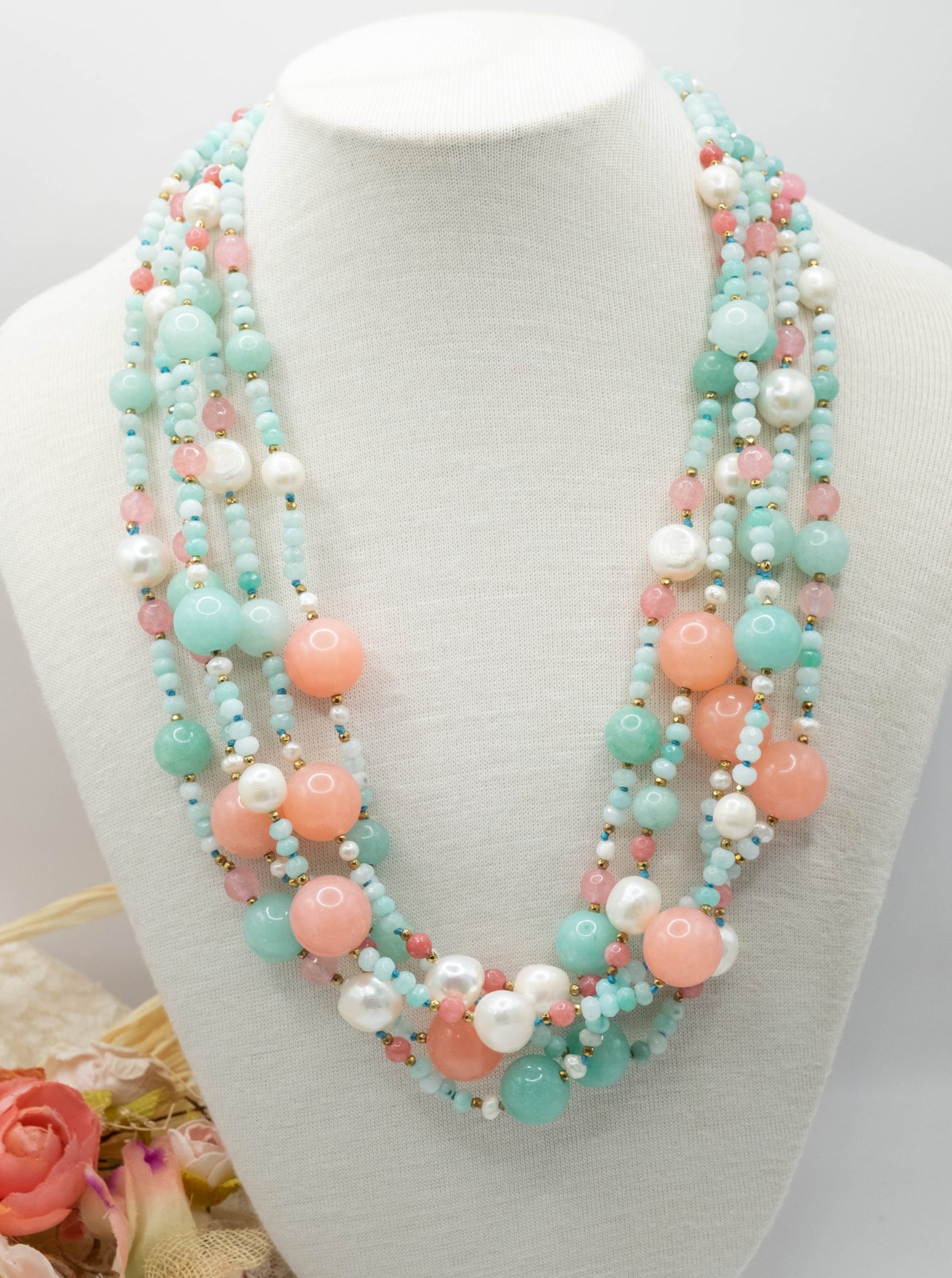 STRAWBERRY JADE AMAZONITE SILVER PEARL NECKLACE (3)