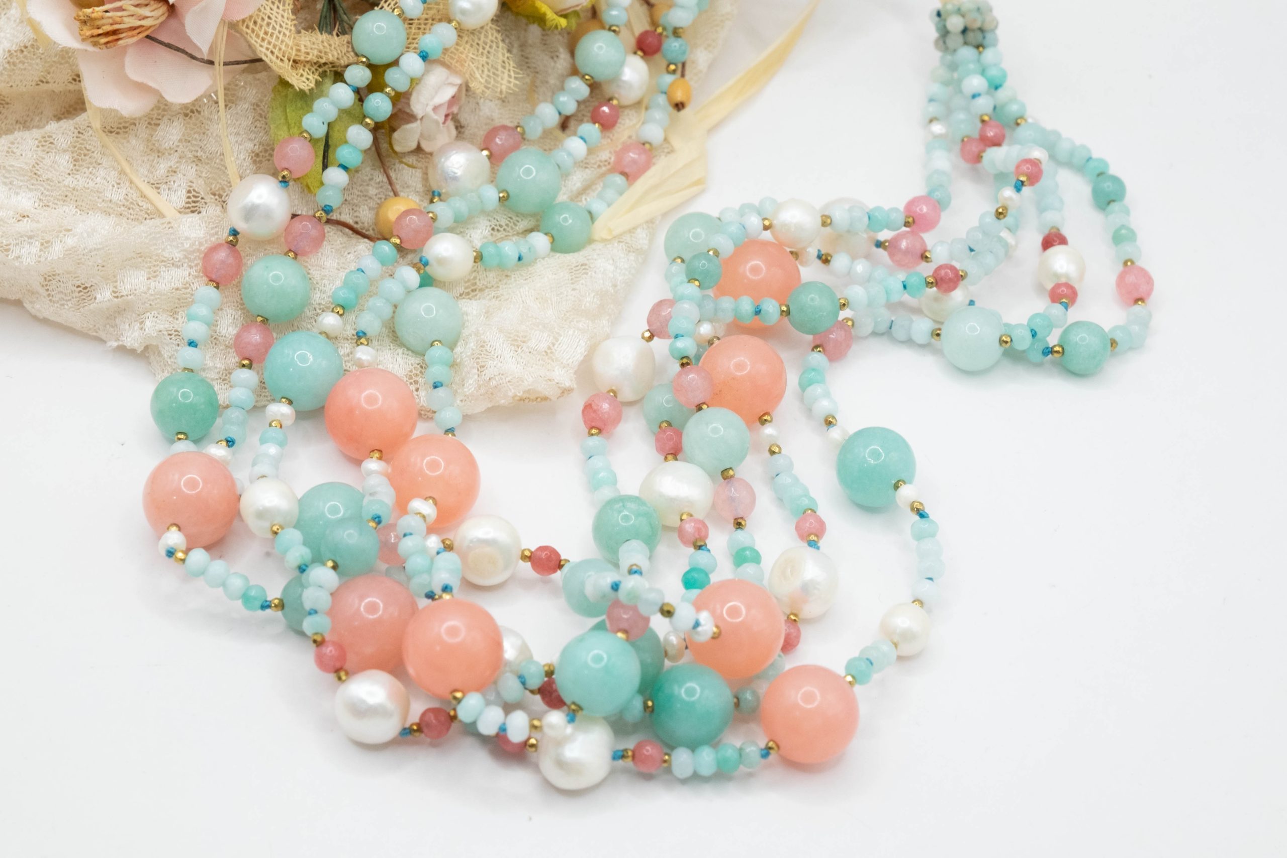STRAWBERRY JADE AMAZONITE SILVER PEARL NECKLACE (4)
