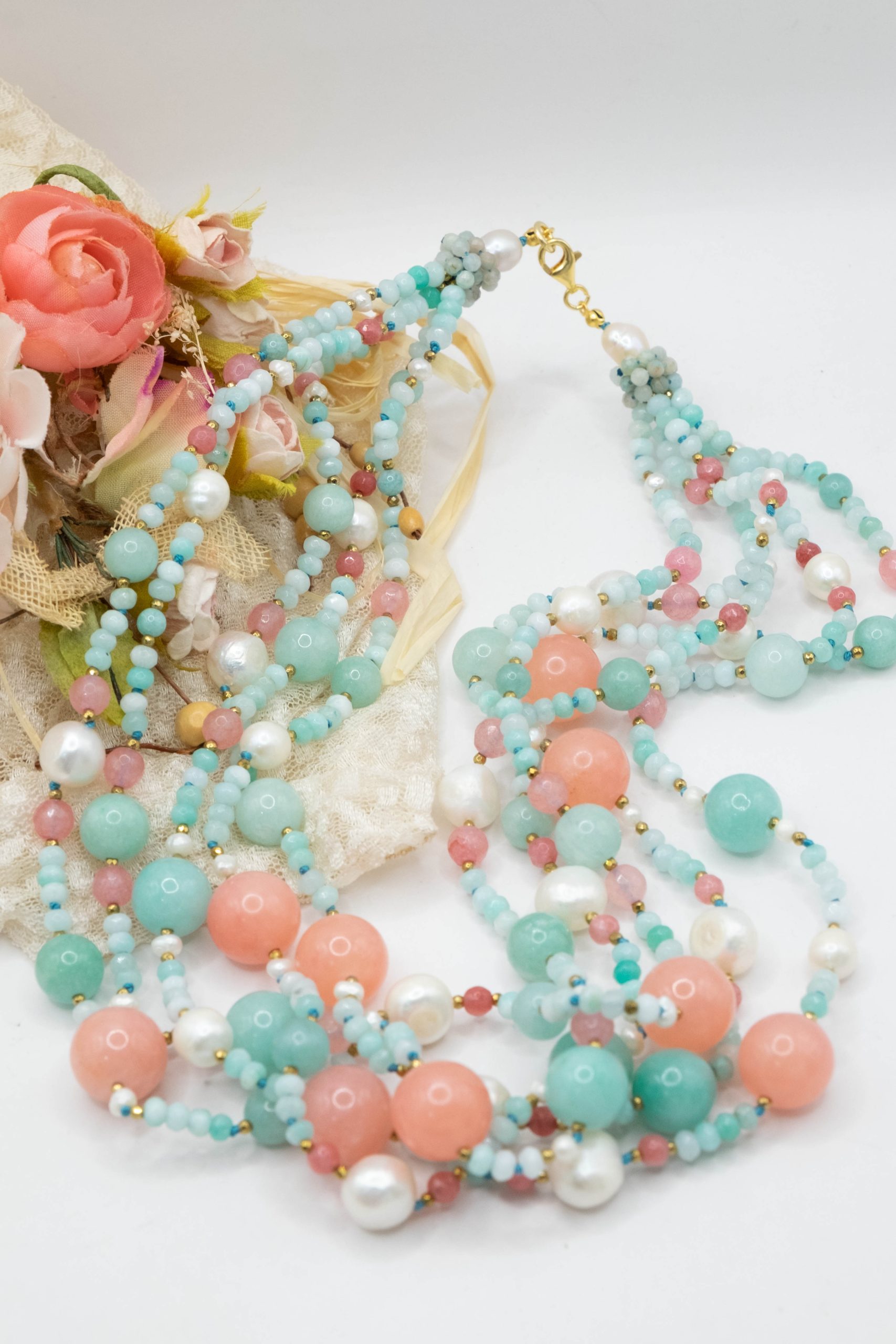 STRAWBERRY JADE AMAZONITE SILVER PEARL NECKLACE (5)