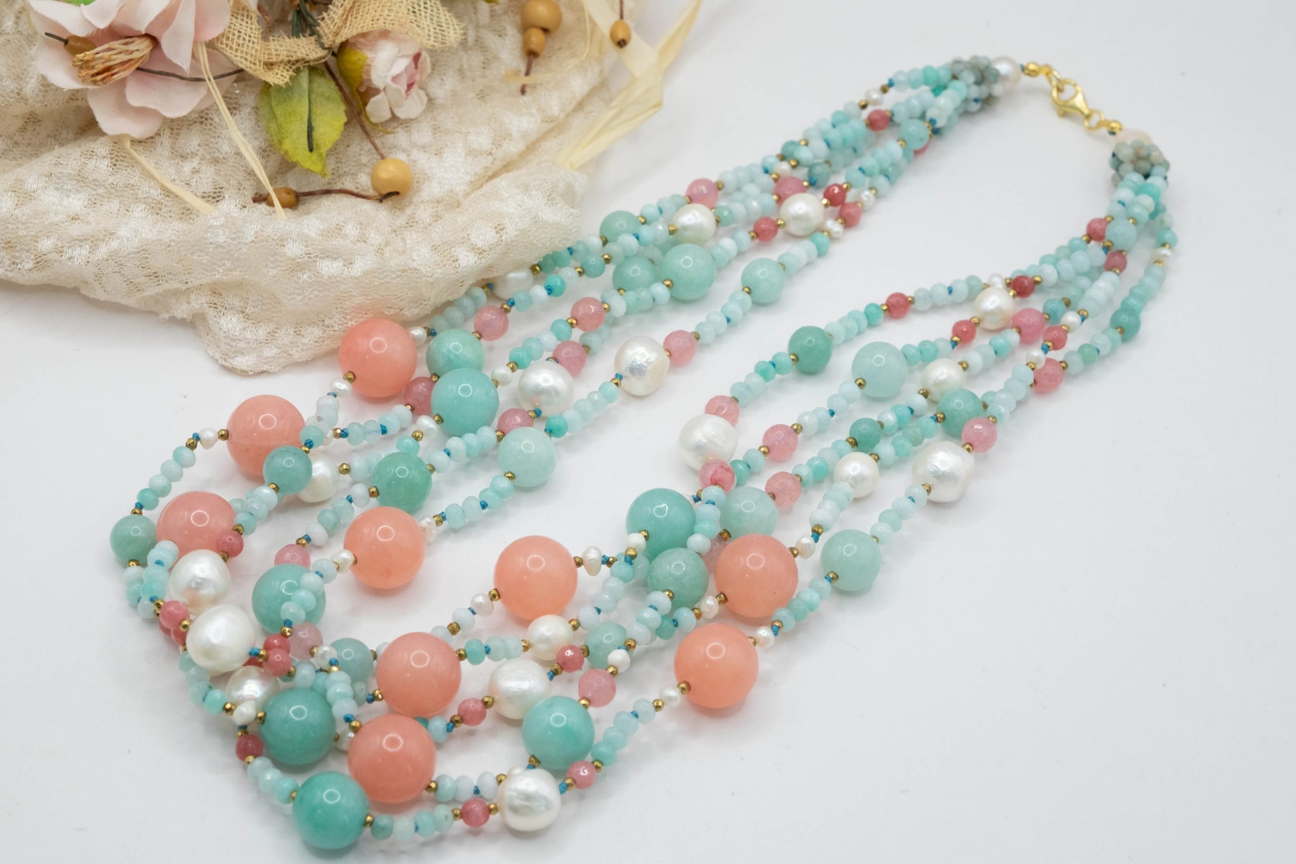 STRAWBERRY JADE AMAZONITE SILVER PEARL NECKLACE (8)