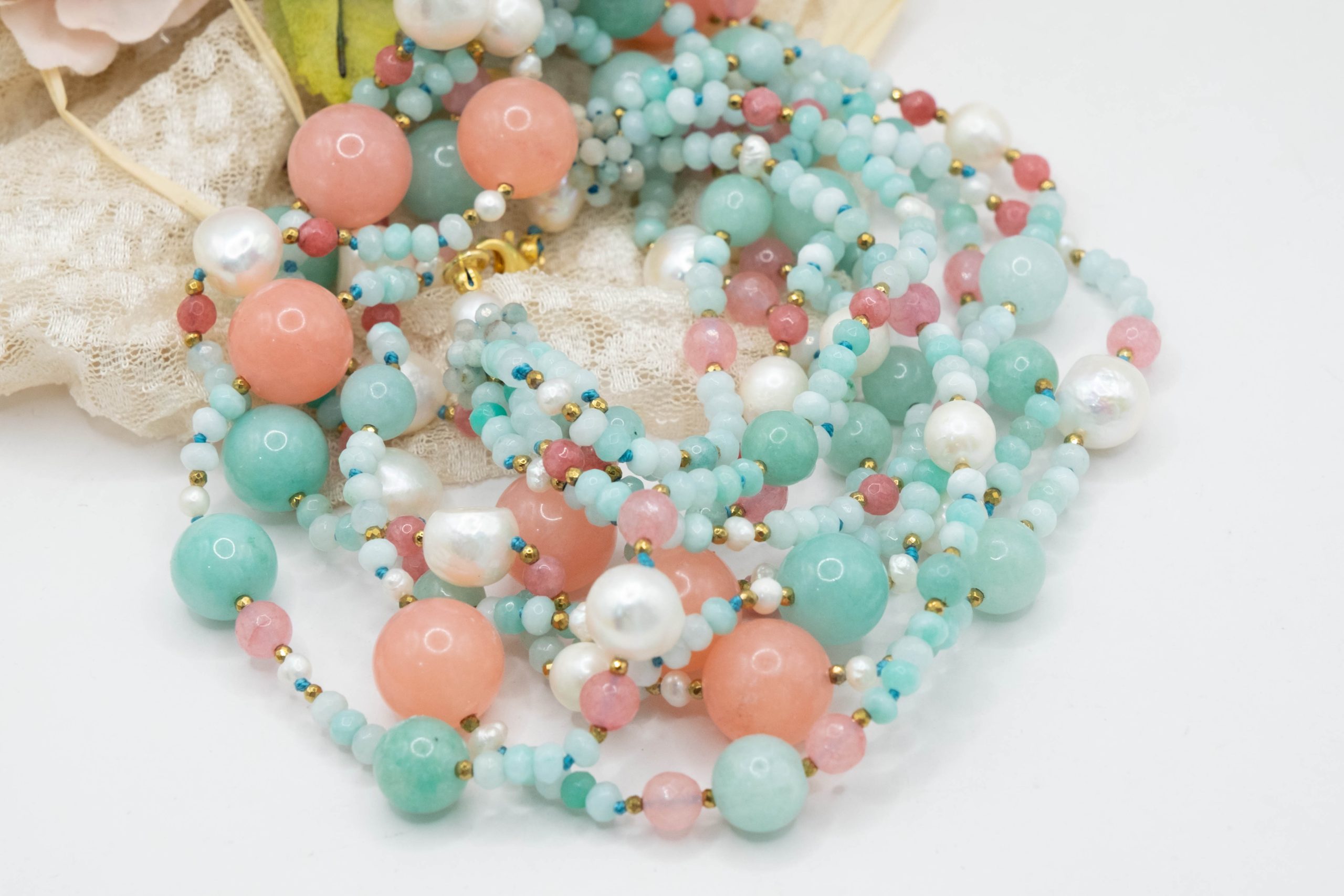 STRAWBERRY JADE AMAZONITE SILVER PEARL NECKLACE (9)