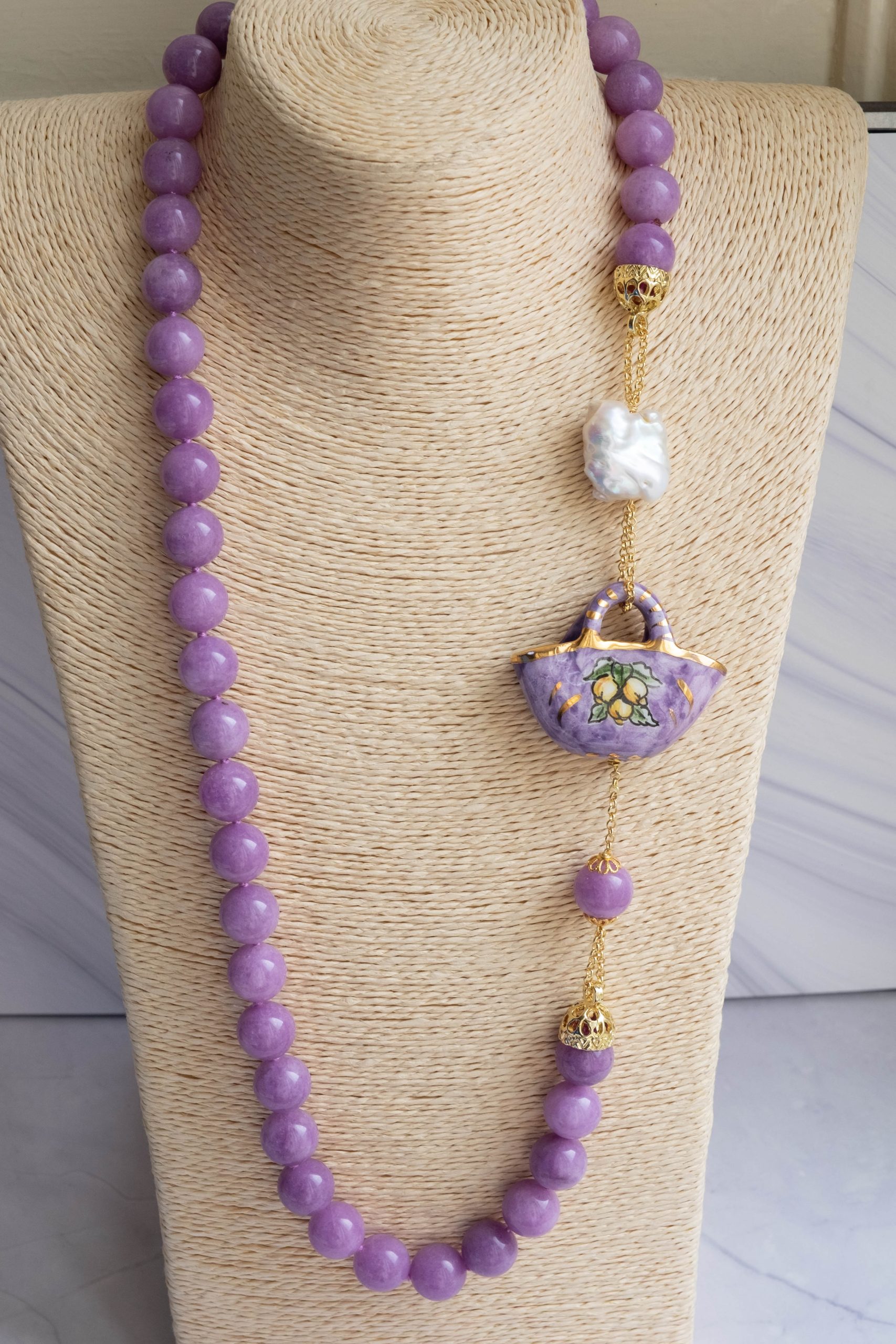 COLLANA KUNZITE PERLA COFFA ARTIGIANALE SICILIANA (1)