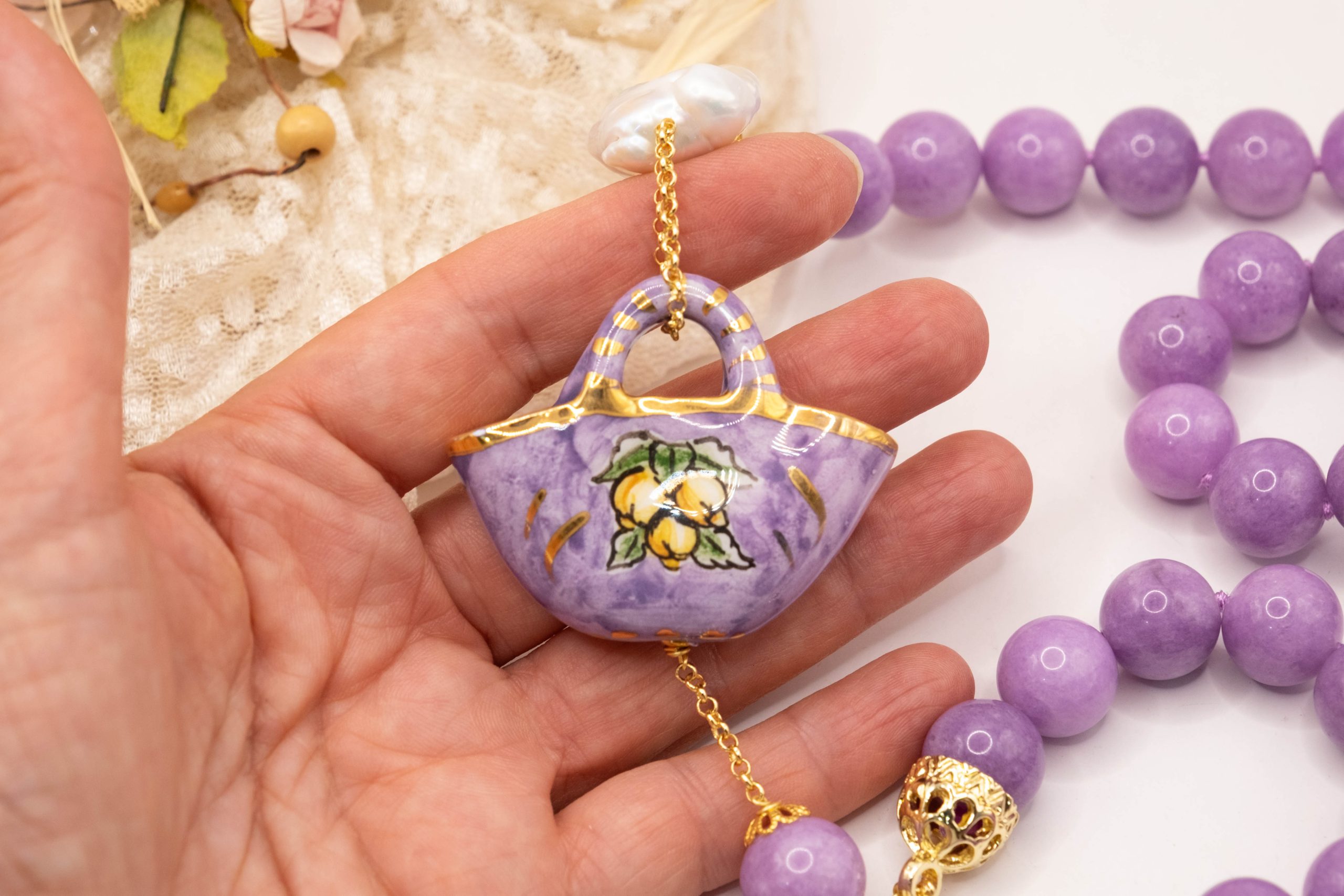 COLLANA KUNZITE PERLA COFFA ARTIGIANALE SICILIANA (11)