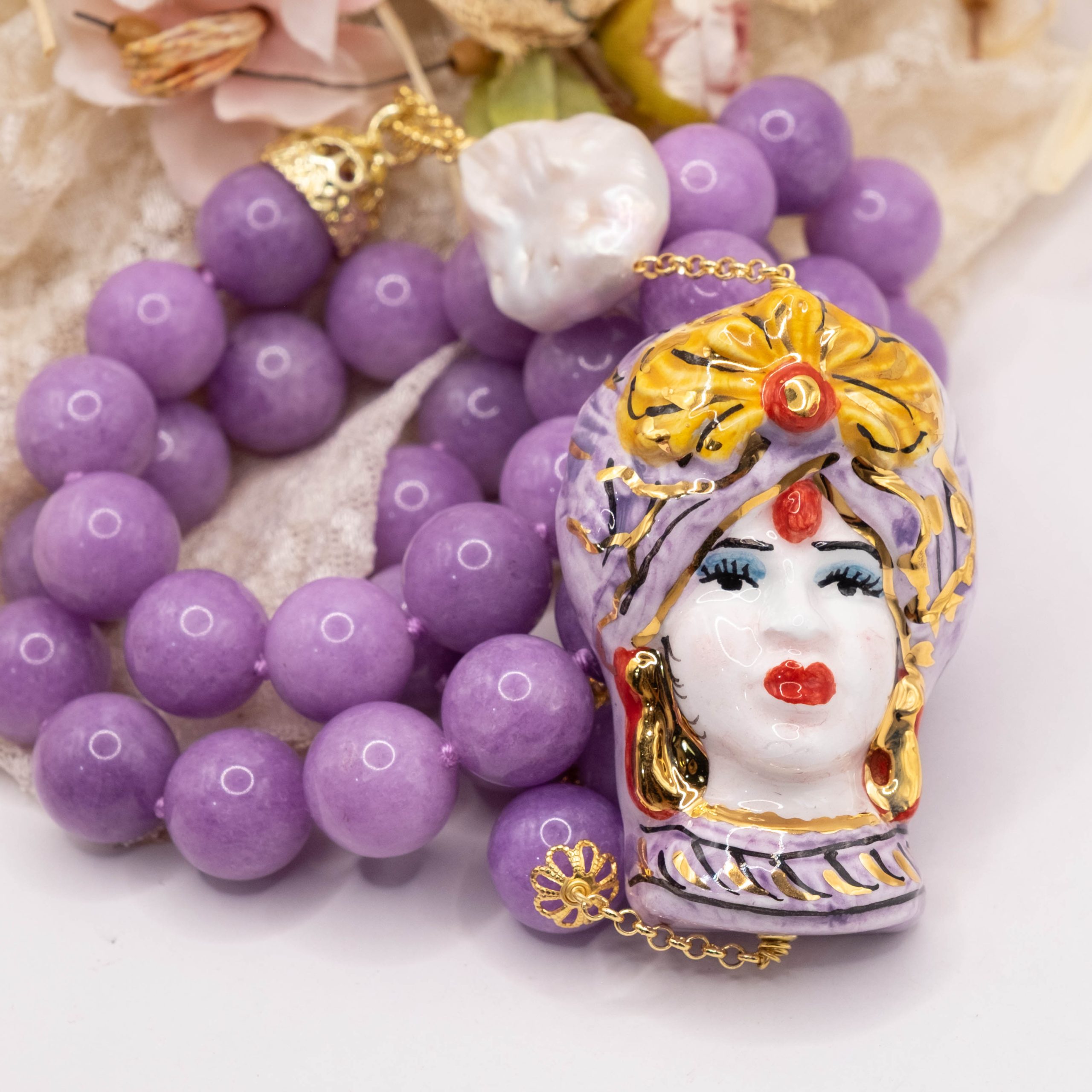 COLLANA KUNZITE PERLA COFFA ARTIGIANALE SICILIANA (5)