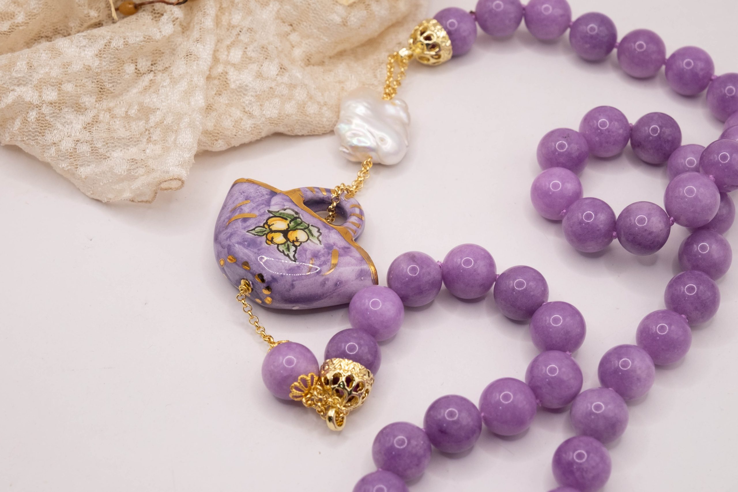 COLLANA KUNZITE PERLA COFFA ARTIGIANALE SICILIANA (8)