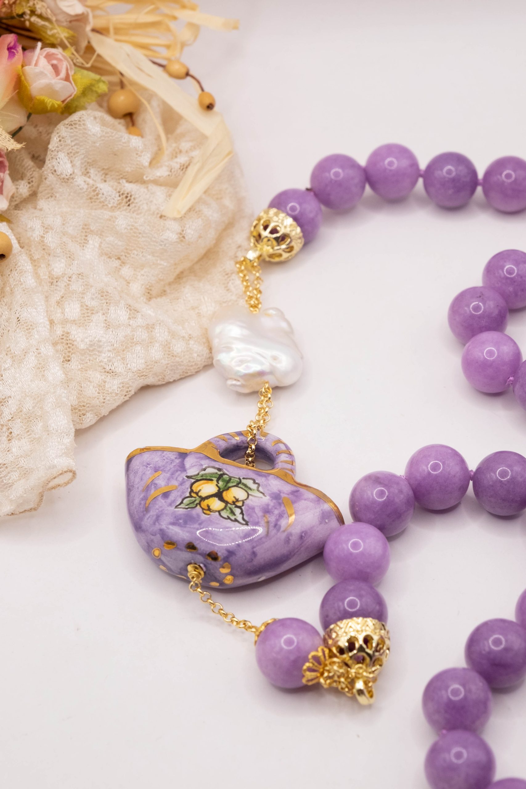 COLLANA KUNZITE PERLA COFFA ARTIGIANALE SICILIANA (9)