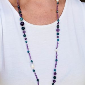 Collana Lunga Apatite Ametista e Perle