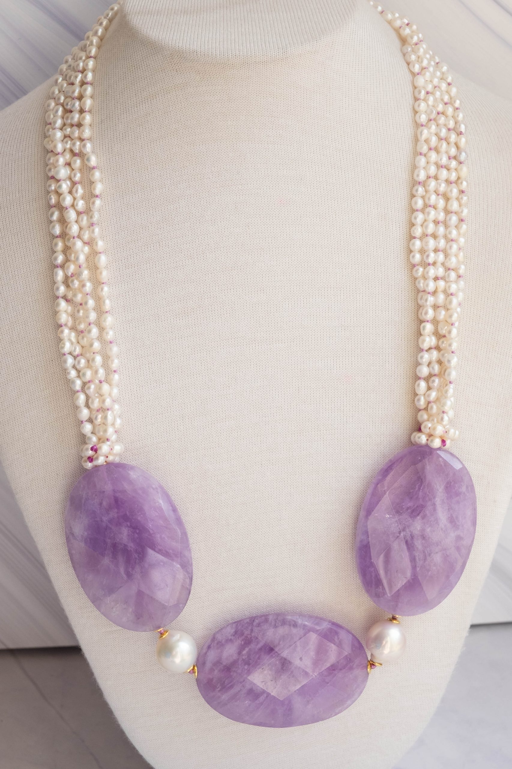 COLLANA MULTIFILO ARTIGIANALE PERLE NATURALI AMETISTA TOP QUALITY (1)