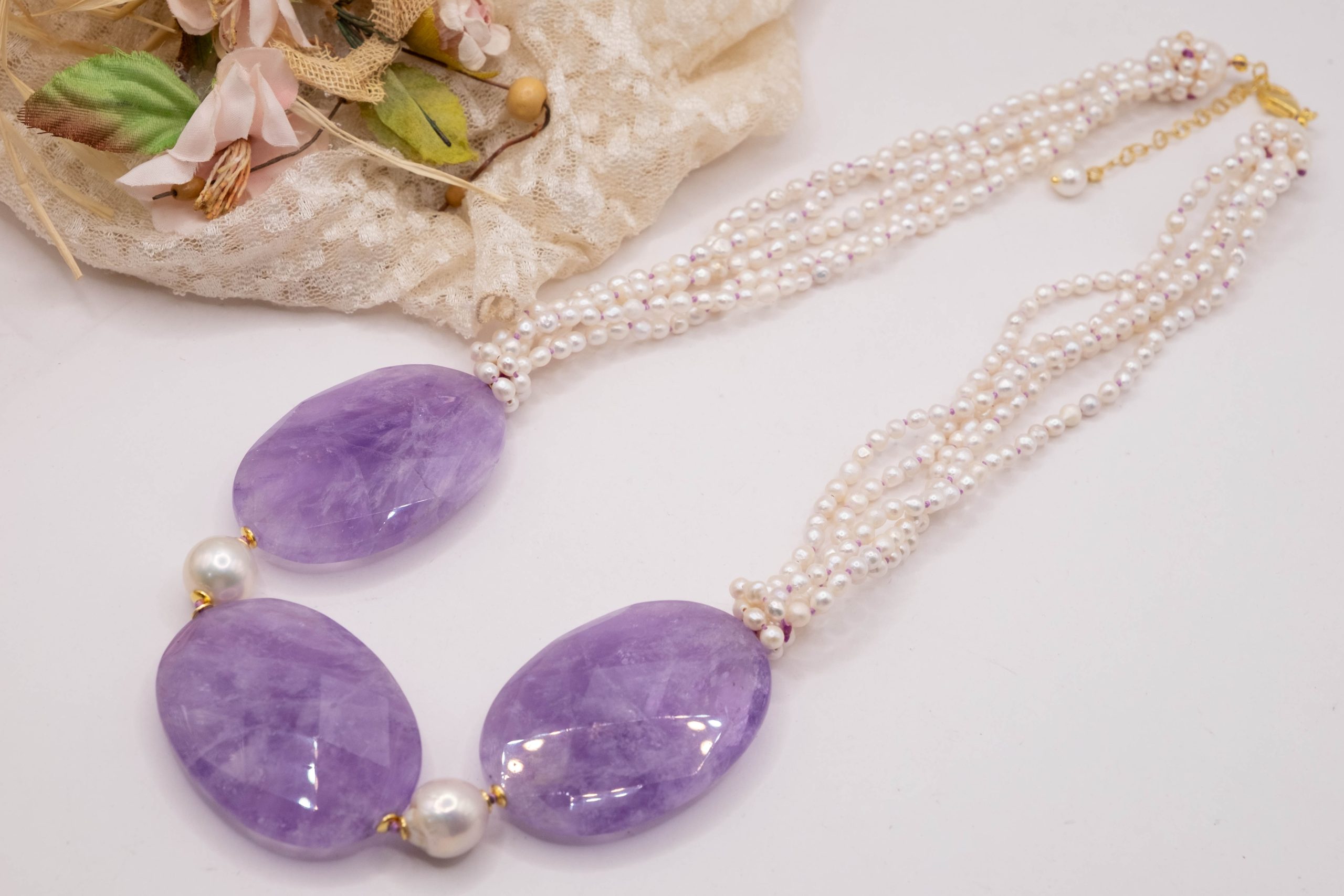 COLLANA MULTIFILO ARTIGIANALE PERLE NATURALI AMETISTA TOP QUALITY (2)