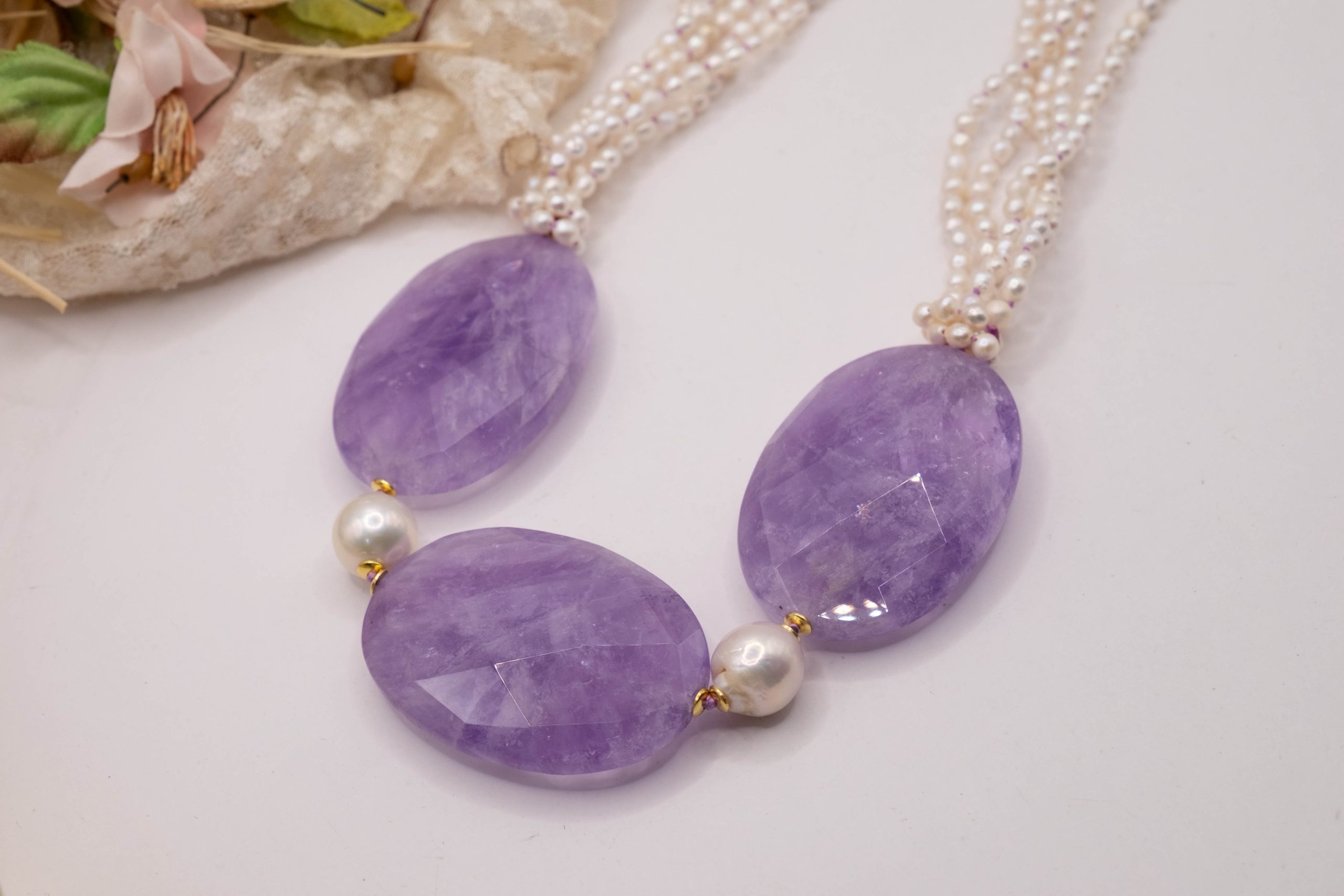 COLLANA MULTIFILO ARTIGIANALE PERLE NATURALI AMETISTA TOP QUALITY (3)