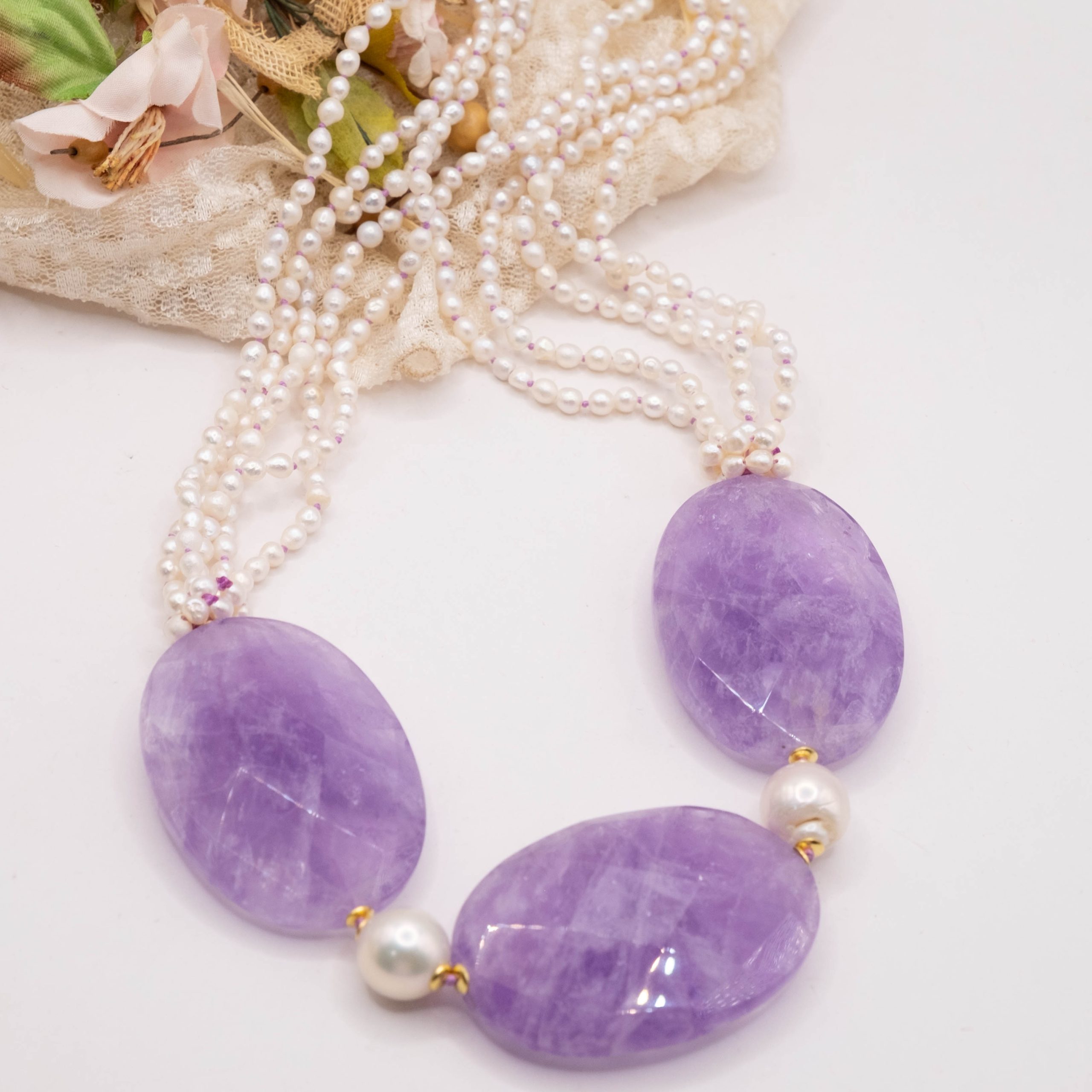 COLLANA MULTIFILO ARTIGIANALE PERLE NATURALI AMETISTA TOP QUALITY (6)