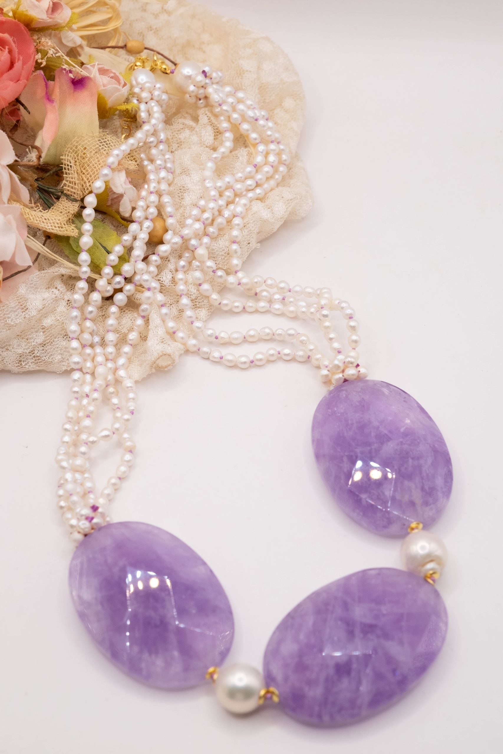 COLLANA MULTIFILO ARTIGIANALE PERLE NATURALI AMETISTA TOP QUALITY (7)