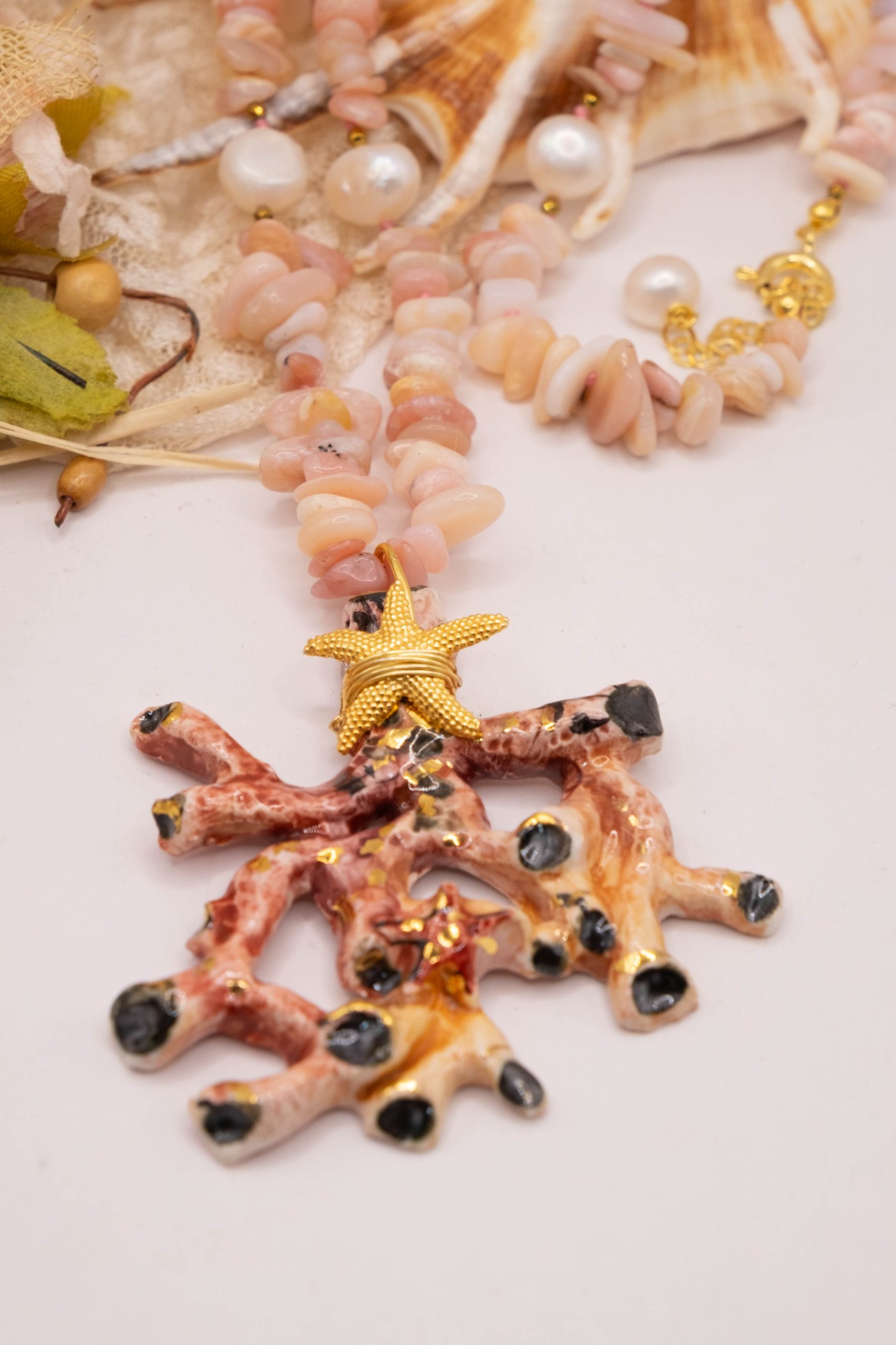 COLLANA RAMO CORALLO CERAMICA DI CALTAGIRONE SICILIANA OPALE ROSA PERLE ARGENTO (1)