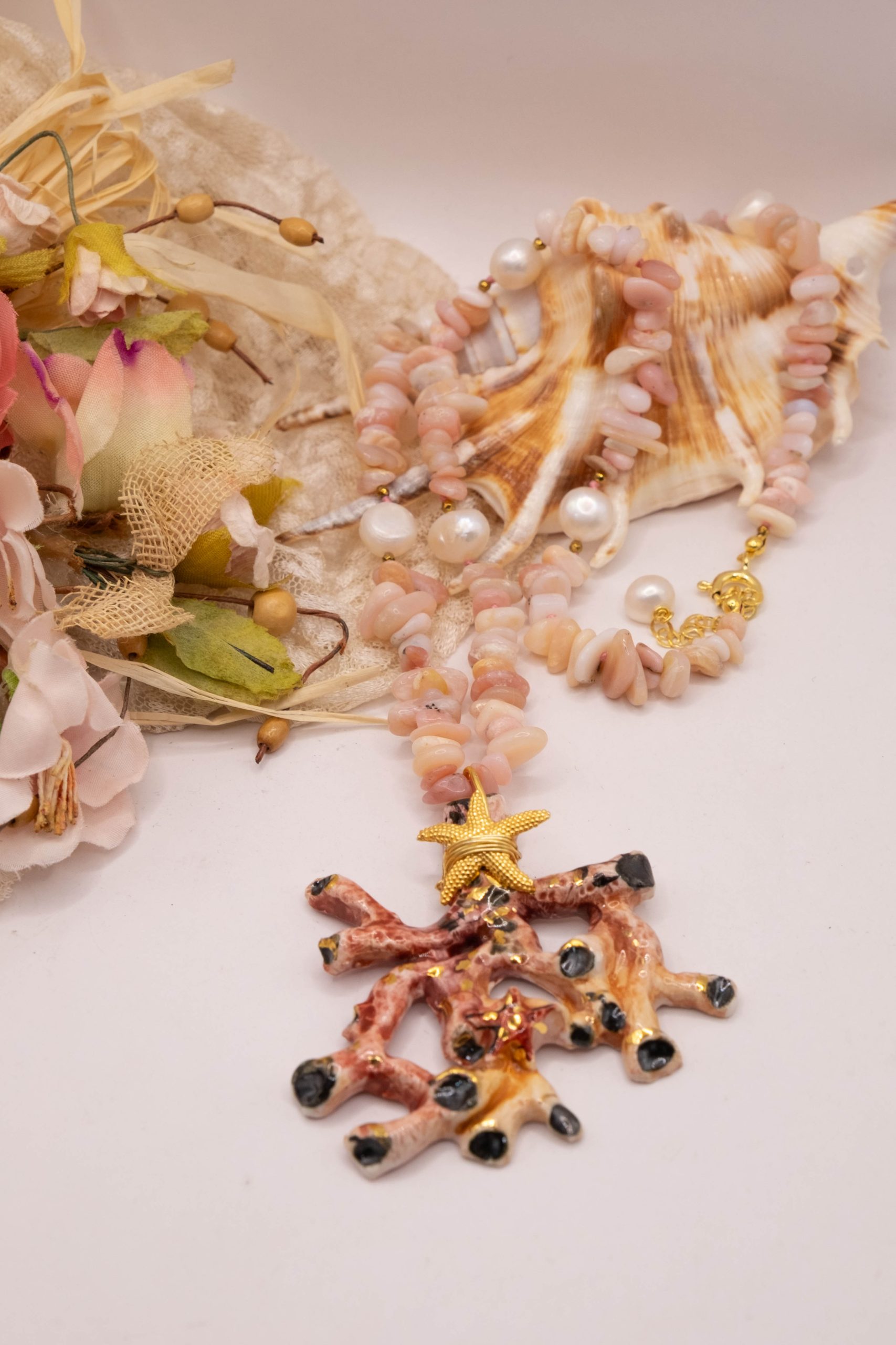 COLLANA RAMO CORALLO CERAMICA DI CALTAGIRONE SICILIANA OPALE ROSA PERLE ARGENTO (2)