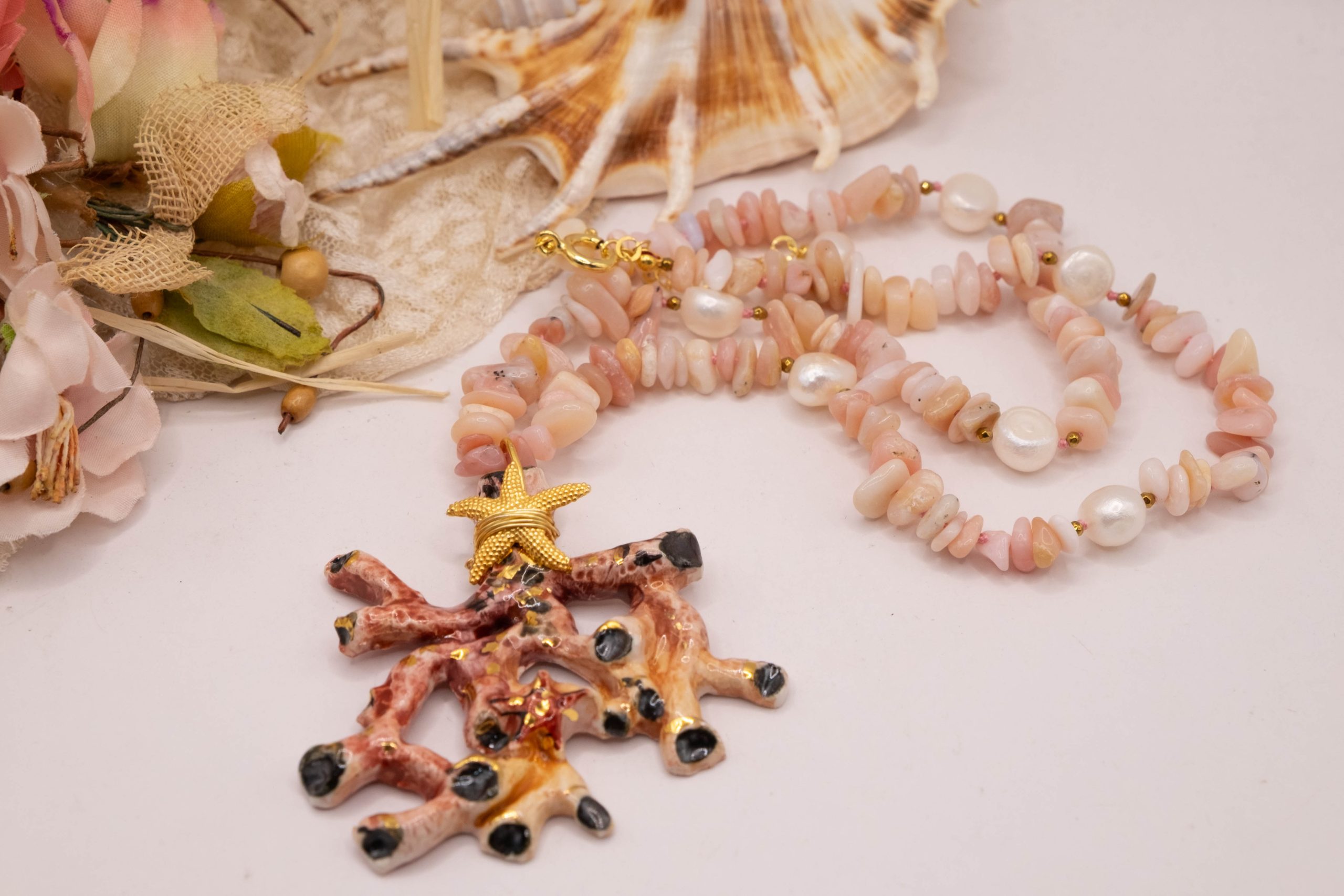 COLLANA RAMO CORALLO CERAMICA DI CALTAGIRONE SICILIANA OPALE ROSA PERLE ARGENTO (3)