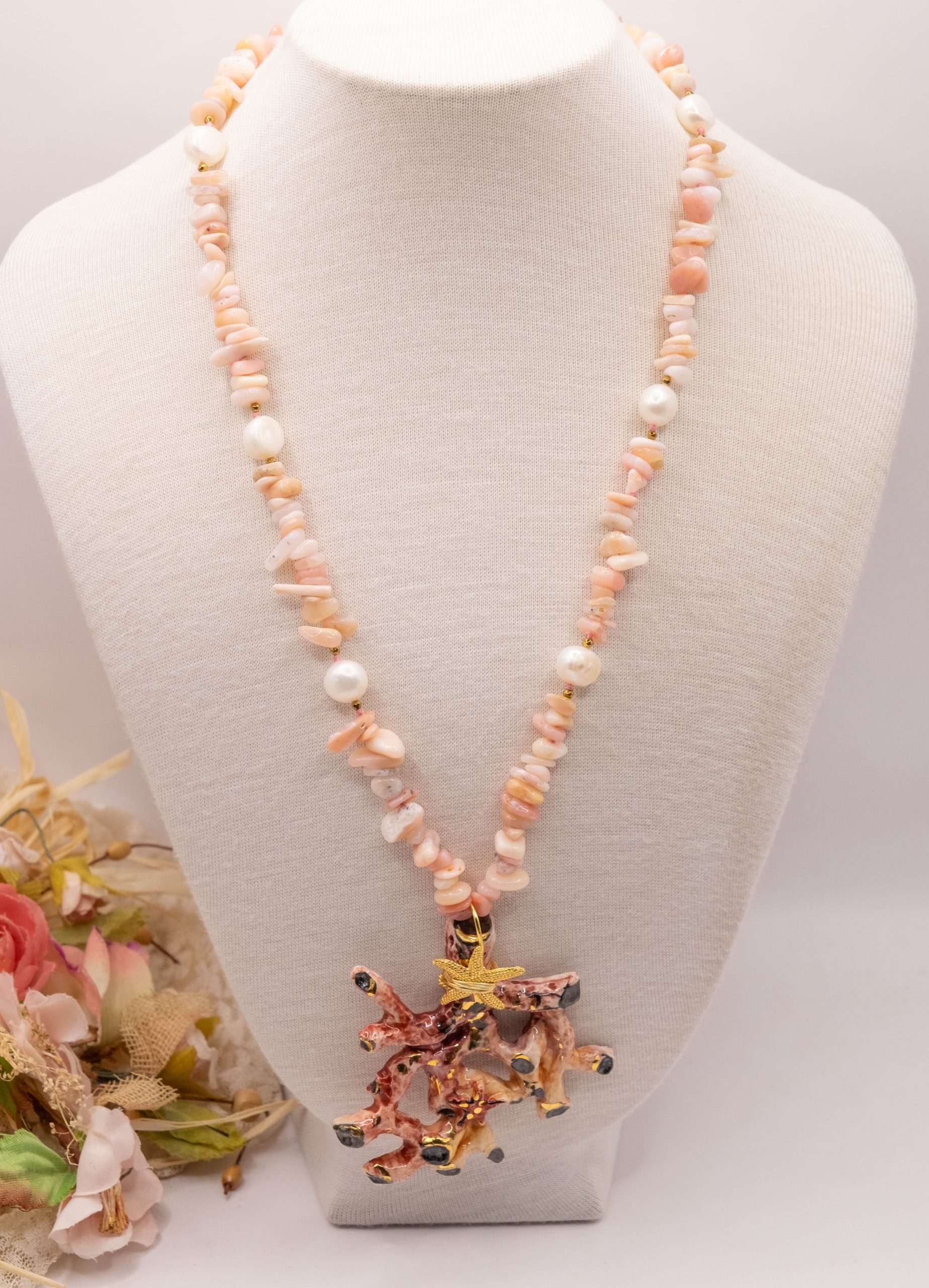 COLLANA RAMO CORALLO CERAMICA DI CALTAGIRONE SICILIANA OPALE ROSA PERLE ARGENTO (5)