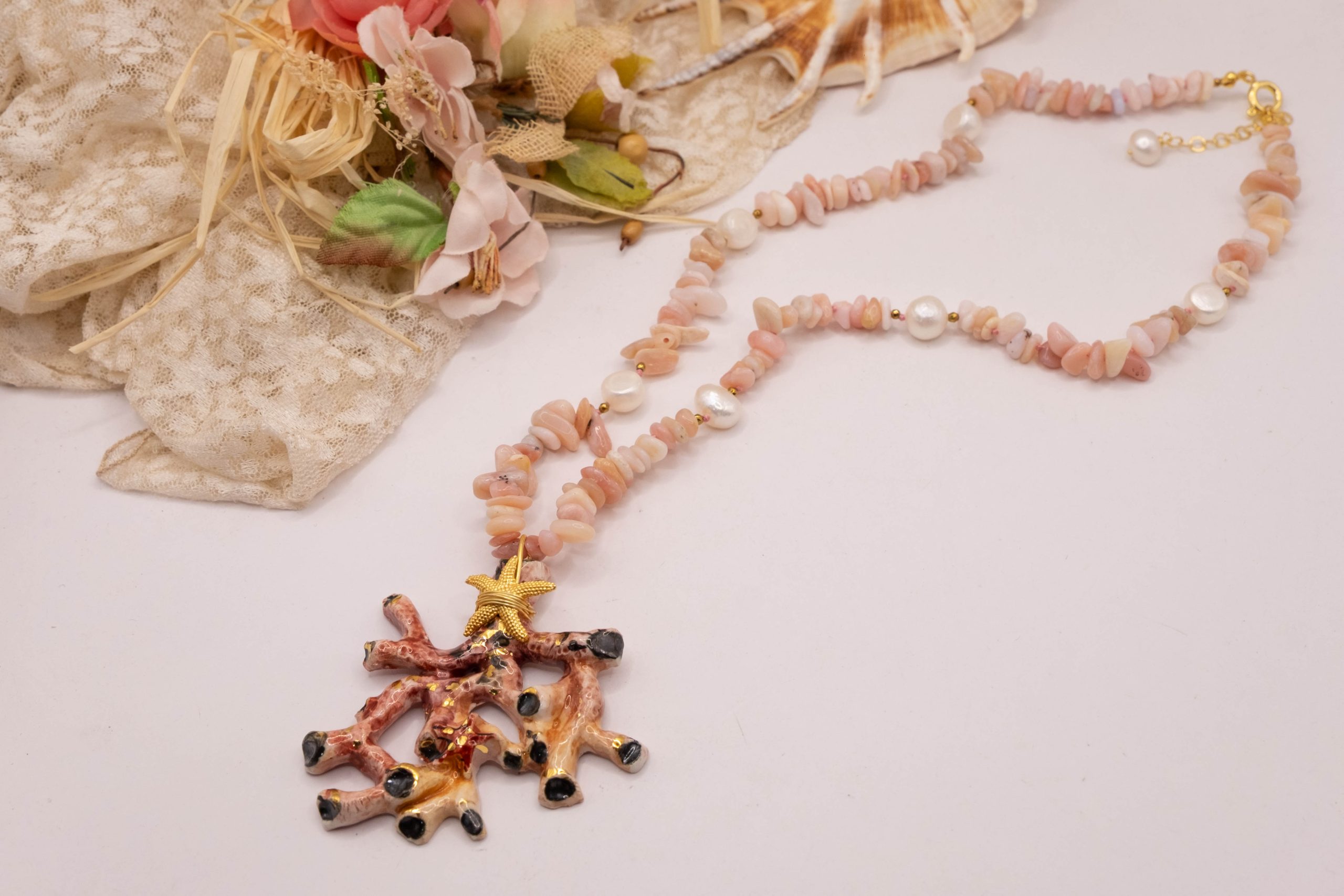 COLLANA RAMO CORALLO CERAMICA DI CALTAGIRONE SICILIANA OPALE ROSA PERLE ARGENTO (6)