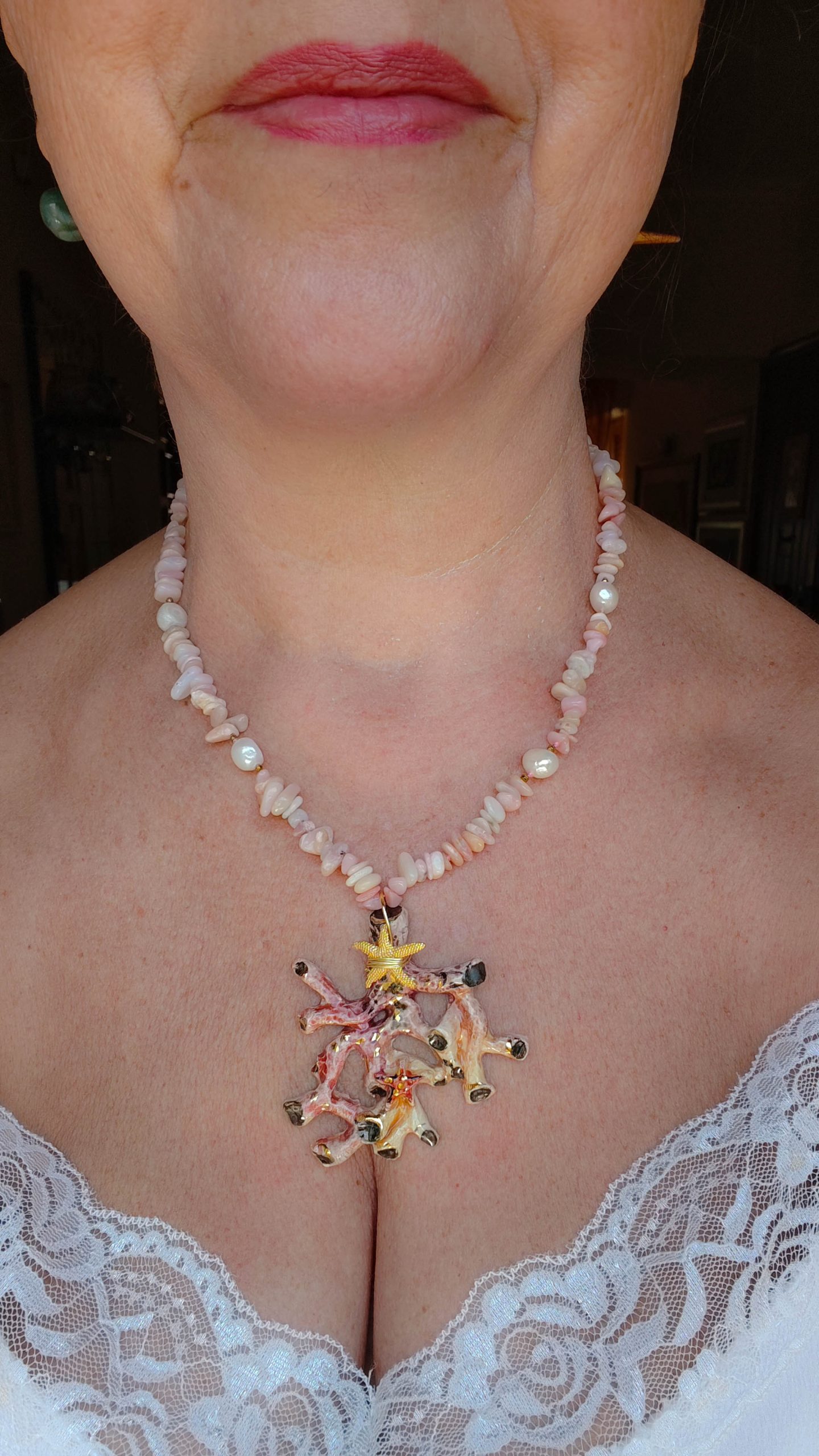 COLLANA RAMO CORALLO CERAMICA DI CALTAGIRONE SICILIANA OPALE ROSA PERLE ARGENTO