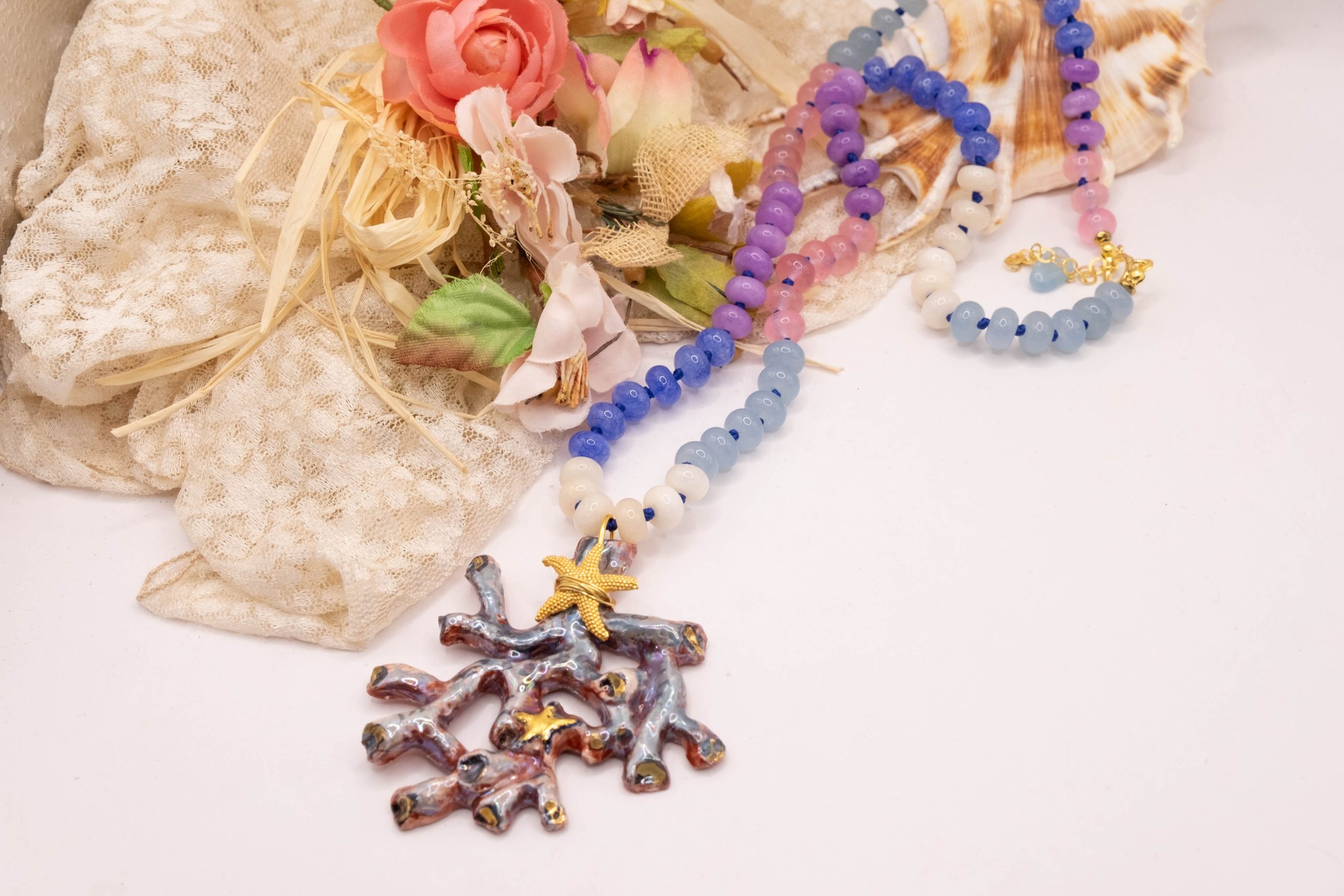 COLLANA RAMO CORALLO CERAMICA DI CALTAGIRONE SICILIANA PIETRE VARIE NATURALI ARGENTO (10)