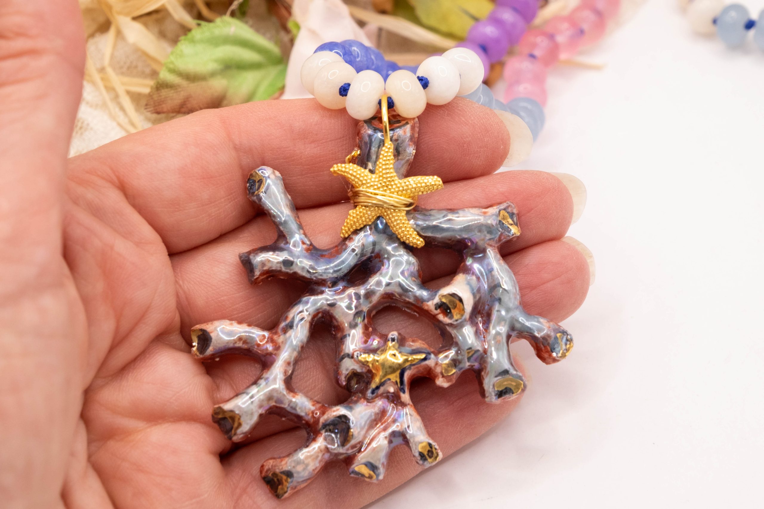 COLLANA RAMO CORALLO CERAMICA DI CALTAGIRONE SICILIANA PIETRE VARIE NATURALI ARGENTO (11)