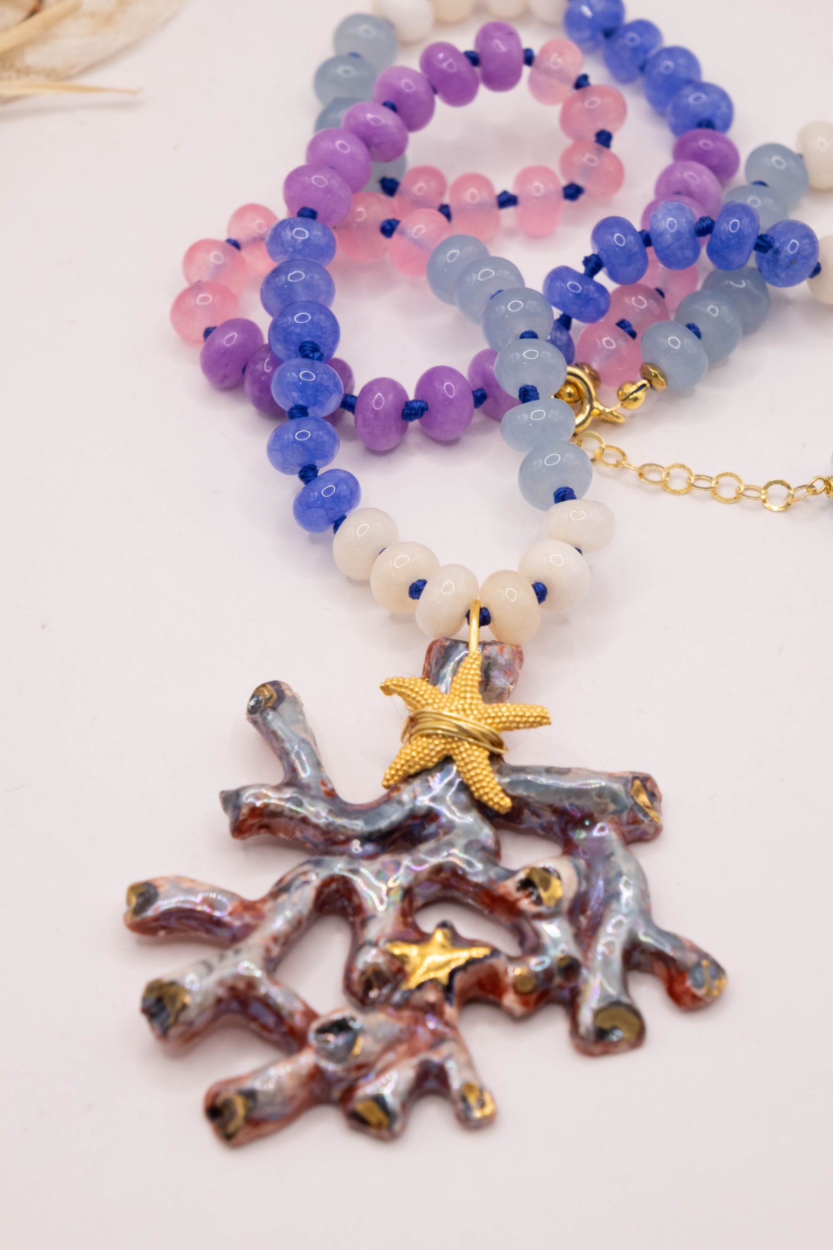 COLLANA RAMO CORALLO CERAMICA DI CALTAGIRONE SICILIANA PIETRE VARIE NATURALI ARGENTO (12)