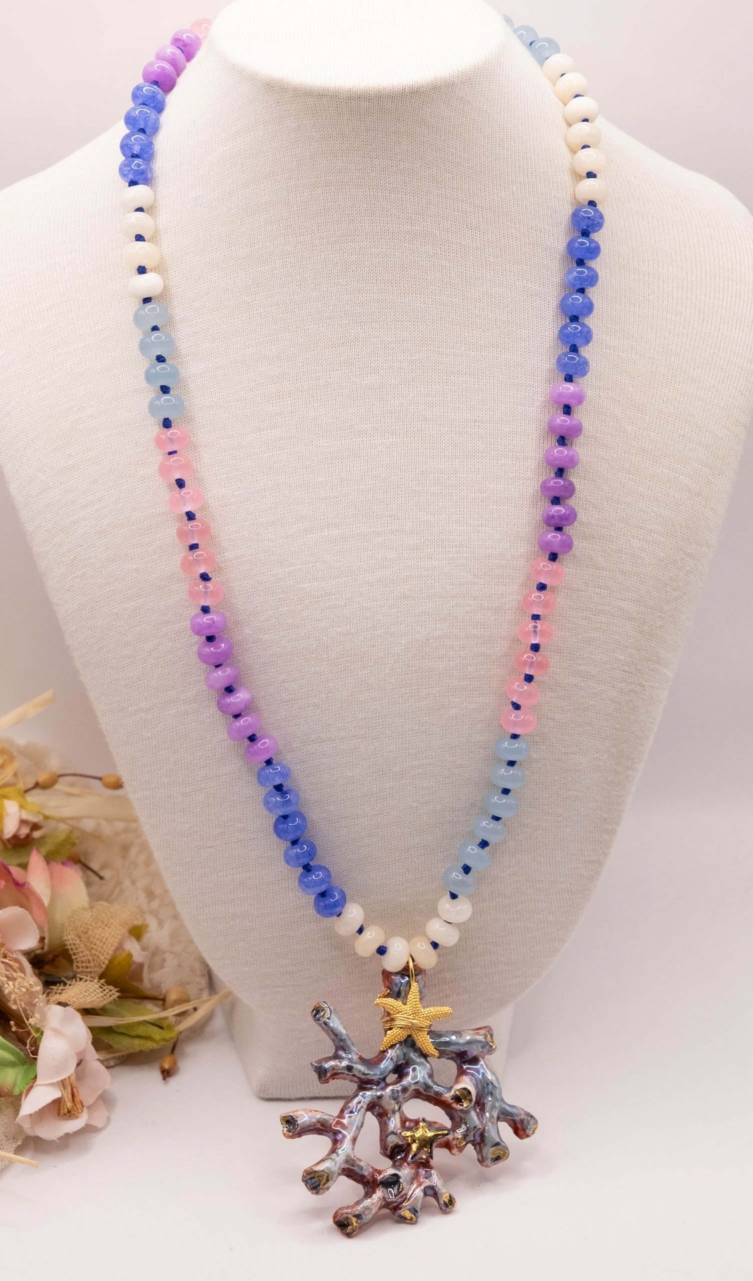 COLLANA RAMO CORALLO CERAMICA DI CALTAGIRONE SICILIANA PIETRE VARIE NATURALI ARGENTO (13)