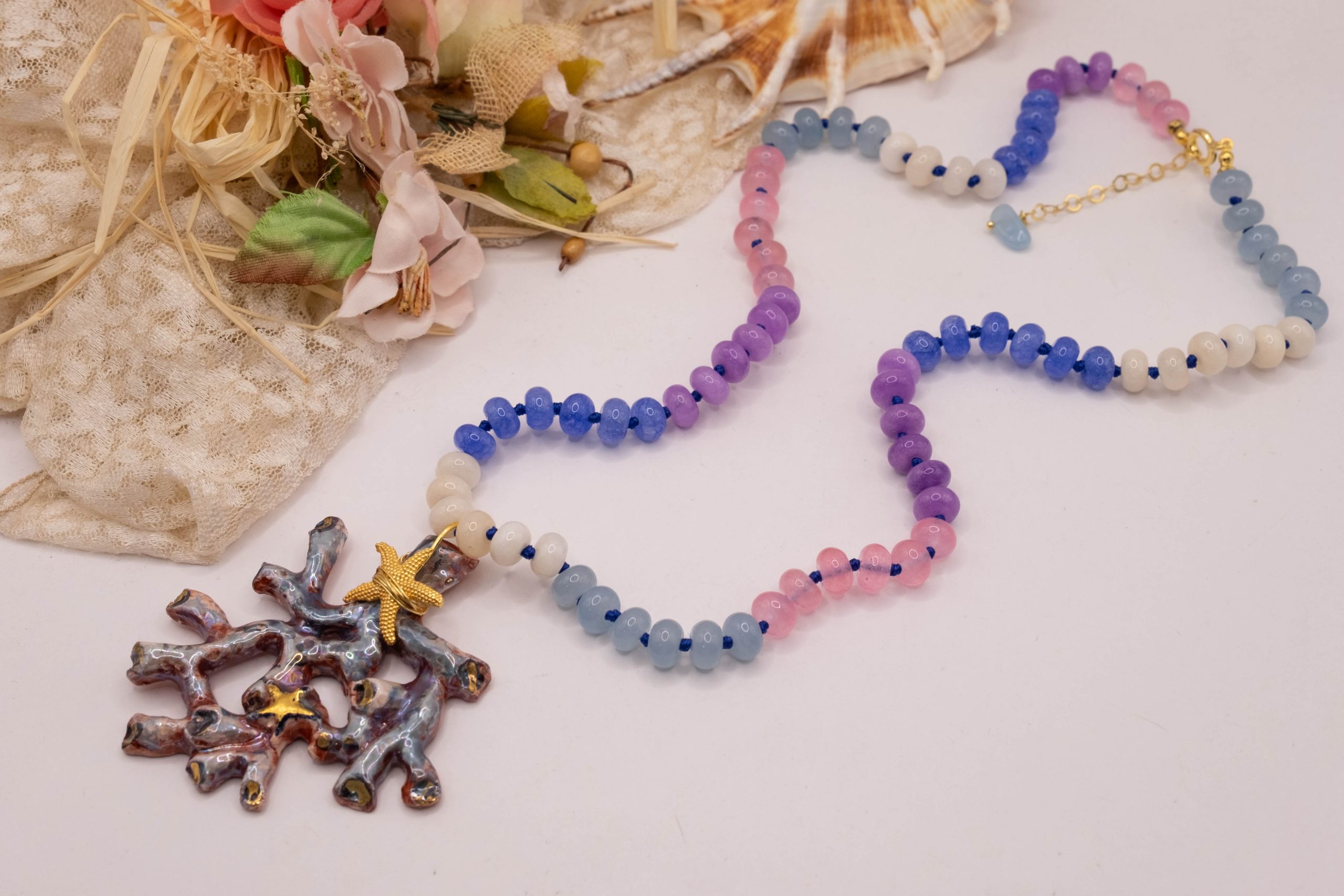 COLLANA RAMO CORALLO CERAMICA DI CALTAGIRONE SICILIANA PIETRE VARIE NATURALI ARGENTO (6)