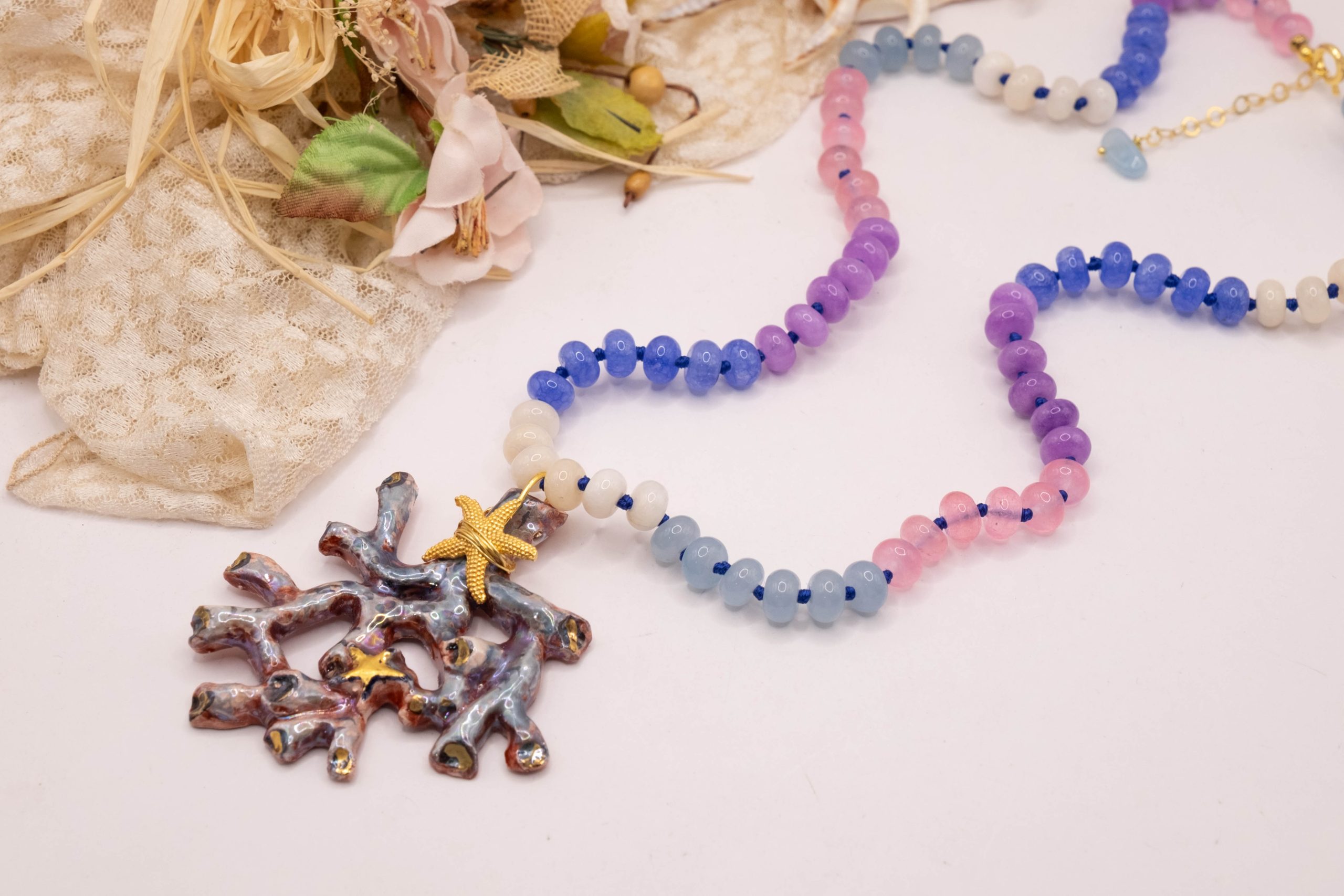 COLLANA RAMO CORALLO CERAMICA DI CALTAGIRONE SICILIANA PIETRE VARIE NATURALI ARGENTO (8)