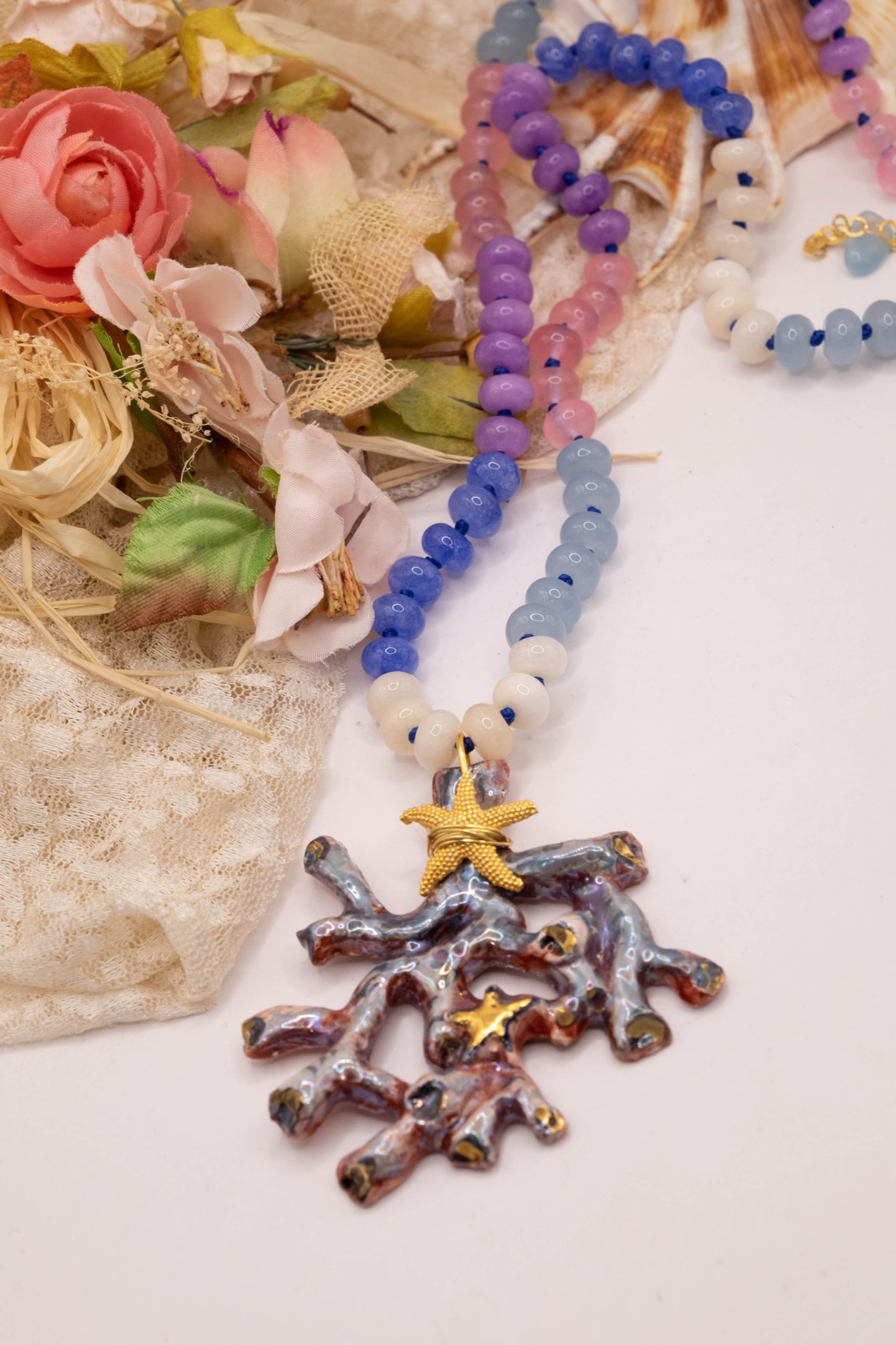 COLLANA RAMO CORALLO CERAMICA DI CALTAGIRONE SICILIANA PIETRE VARIE NATURALI ARGENTO (9)