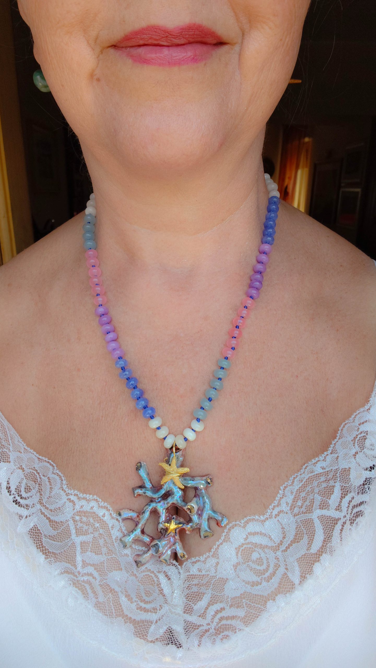 COLLANA RAMO CORALLO CERAMICA DI CALTAGIRONE SICILIANA PIETRE VARIE NATURALI ARGENTO