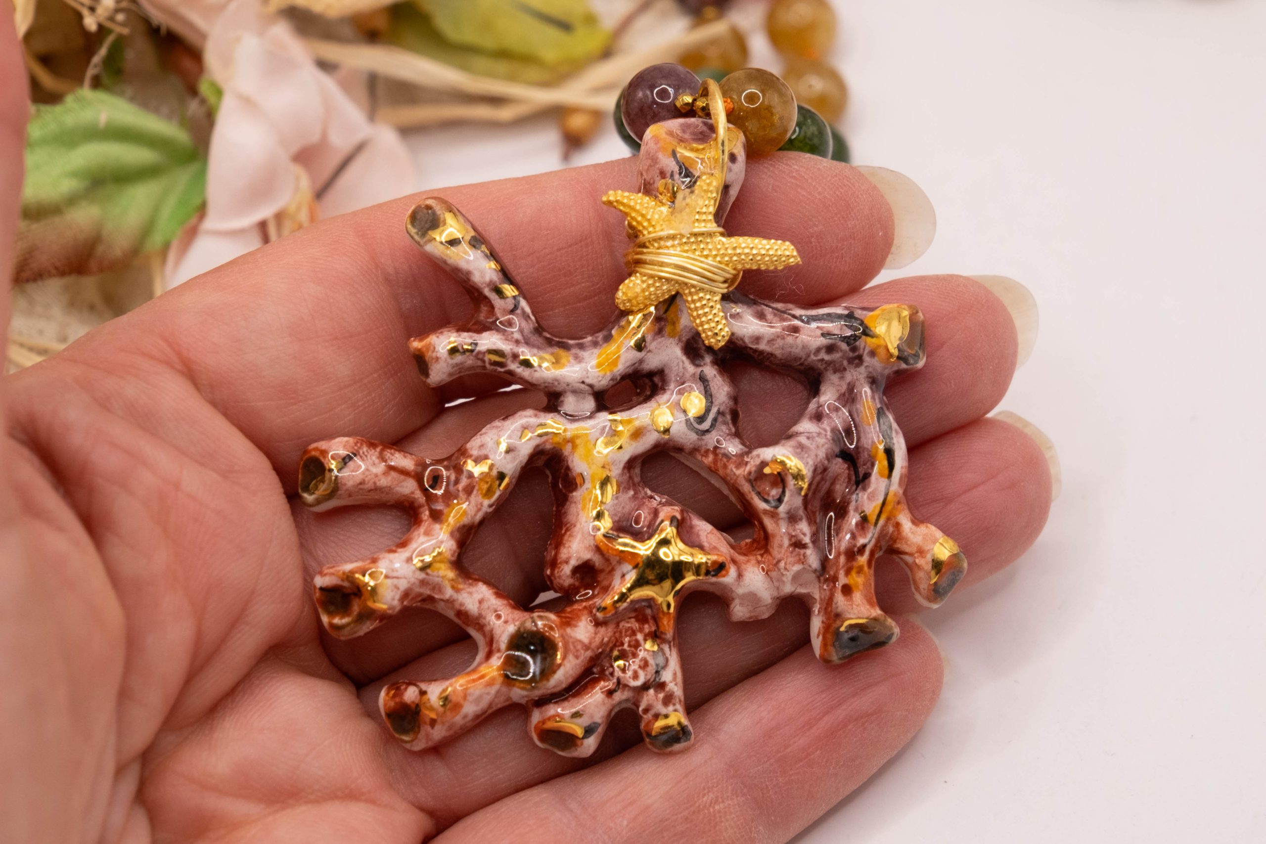 COLLANA RAMO CORALLO CERAMICA DI CALTAGIRONE SICILIANA TORMALINE MULTICOLORE ARGENTO (1)