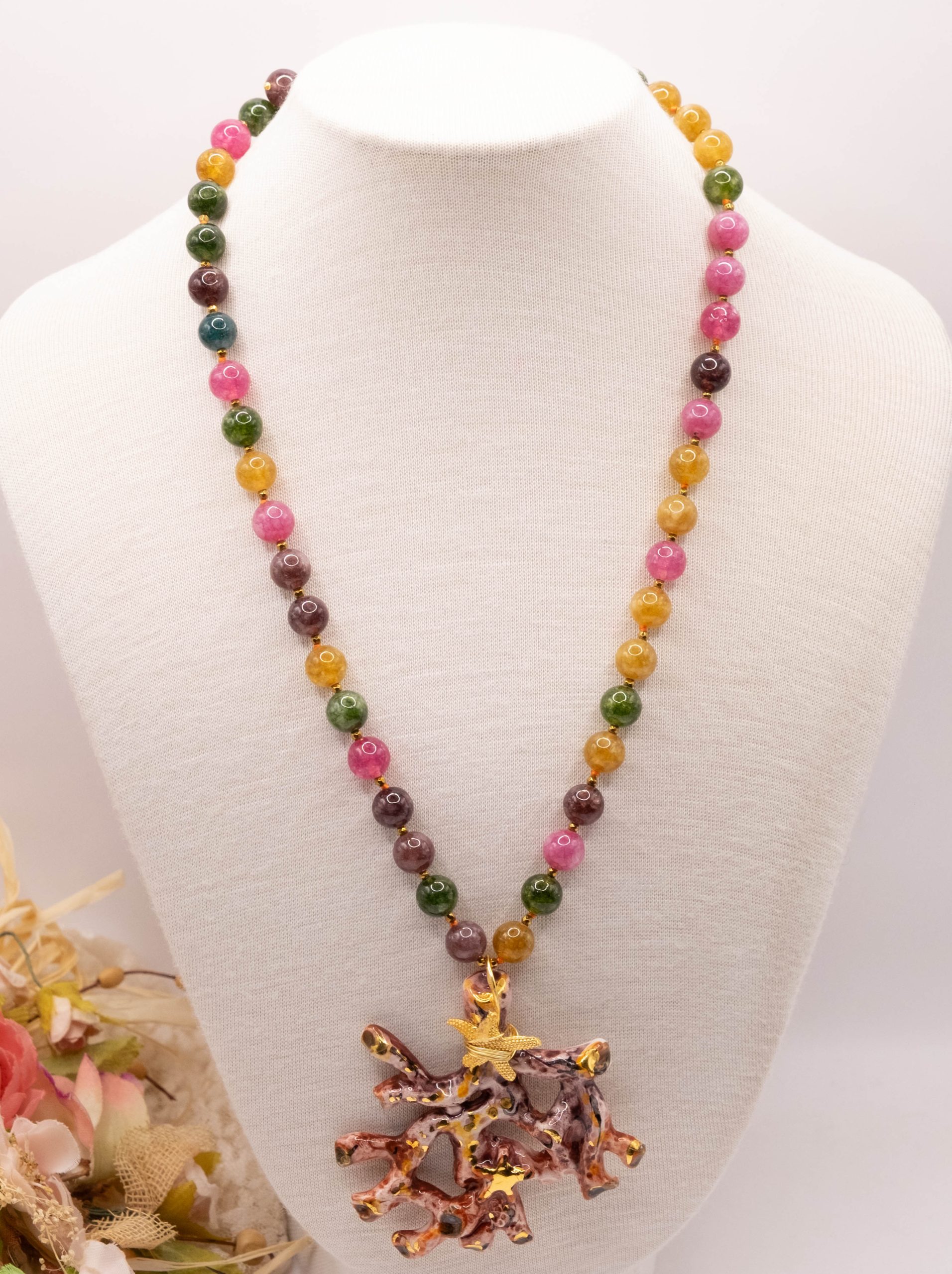 COLLANA RAMO CORALLO CERAMICA DI CALTAGIRONE SICILIANA TORMALINE MULTICOLORE ARGENTO (2)