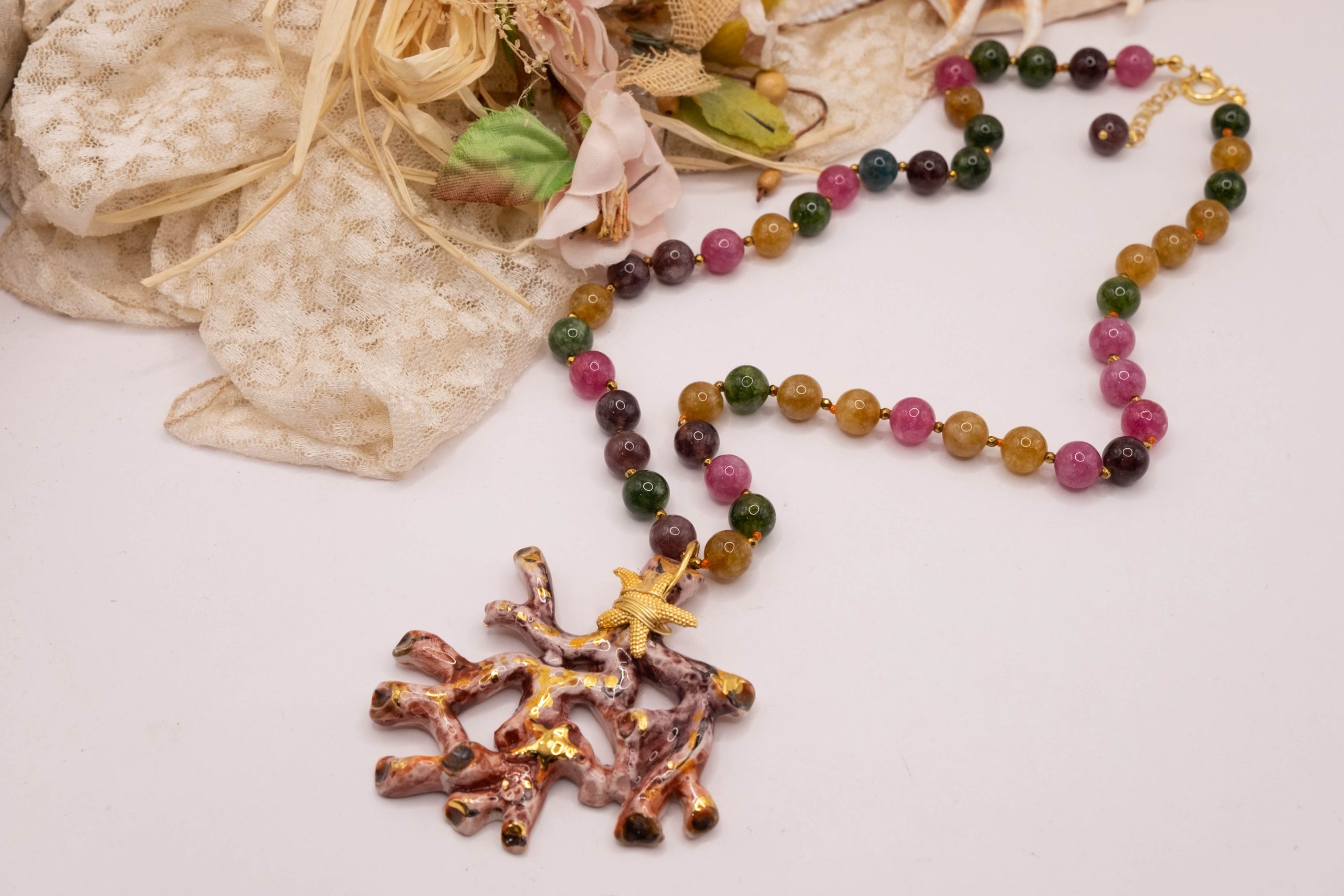 COLLANA RAMO CORALLO CERAMICA DI CALTAGIRONE SICILIANA TORMALINE MULTICOLORE ARGENTO (3)