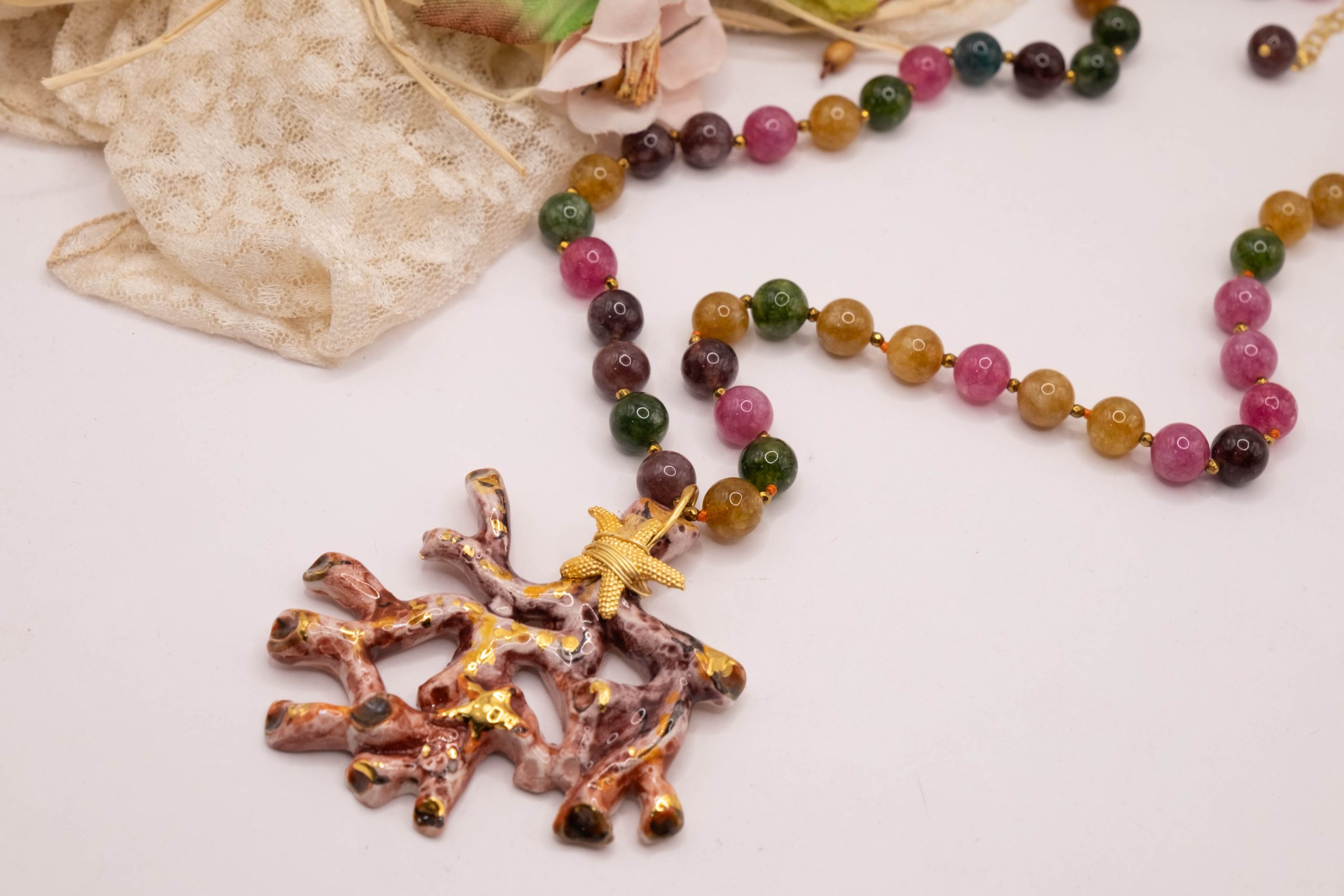 COLLANA RAMO CORALLO CERAMICA DI CALTAGIRONE SICILIANA TORMALINE MULTICOLORE ARGENTO (5)