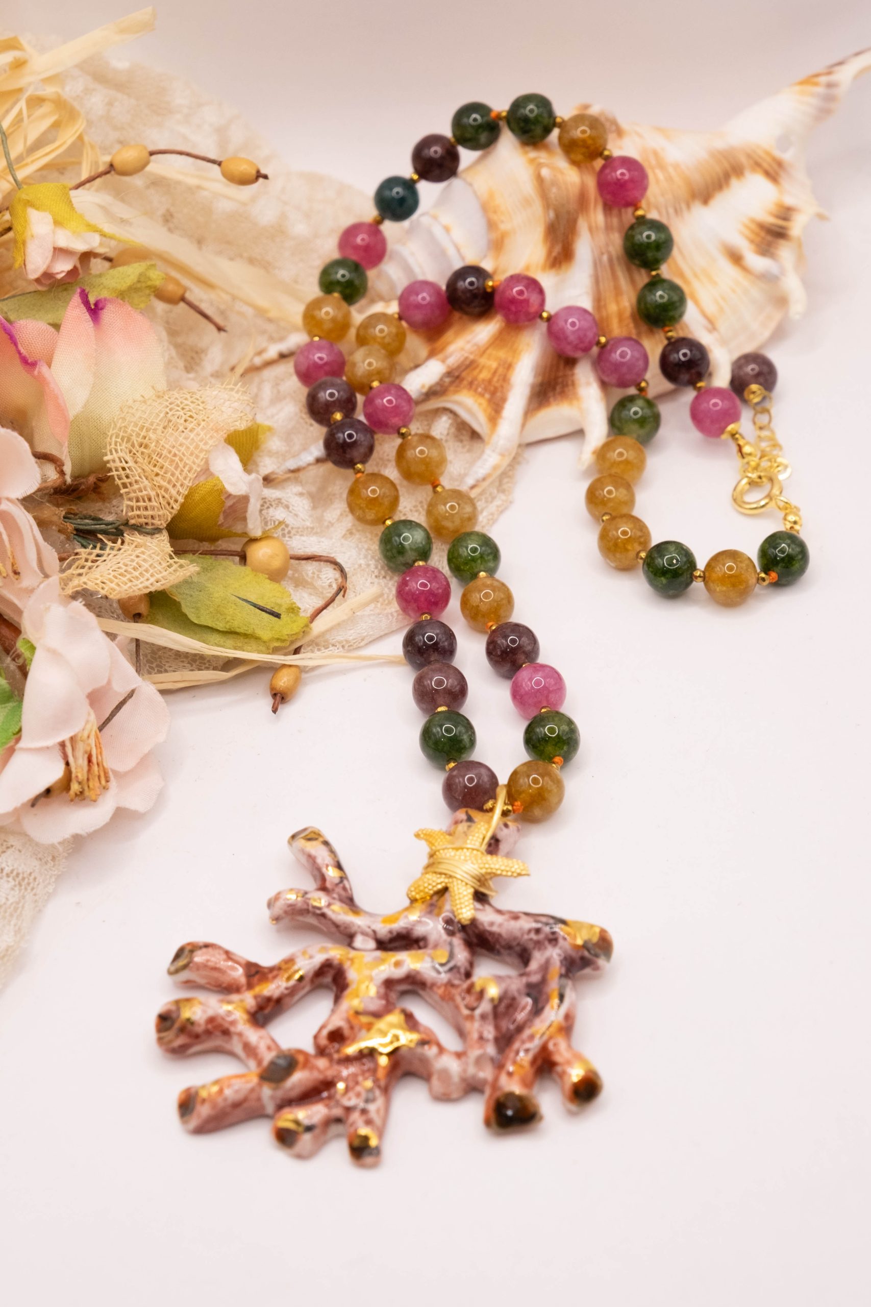 COLLANA RAMO CORALLO CERAMICA DI CALTAGIRONE SICILIANA TORMALINE MULTICOLORE ARGENTO (6)