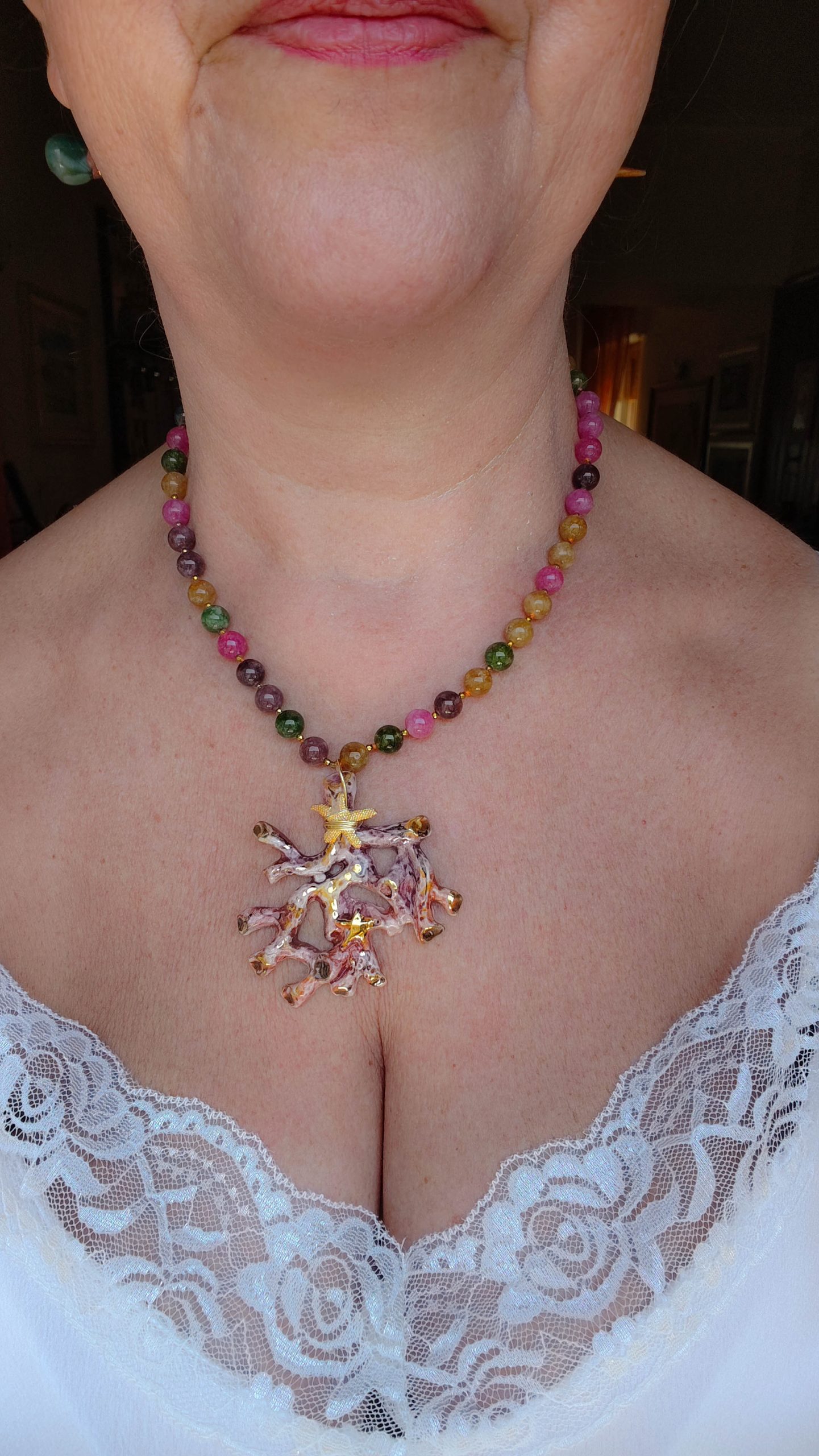 COLLANA RAMO CORALLO CERAMICA DI CALTAGIRONE SICILIANA TORMALINE MULTICOLORE ARGENTO
