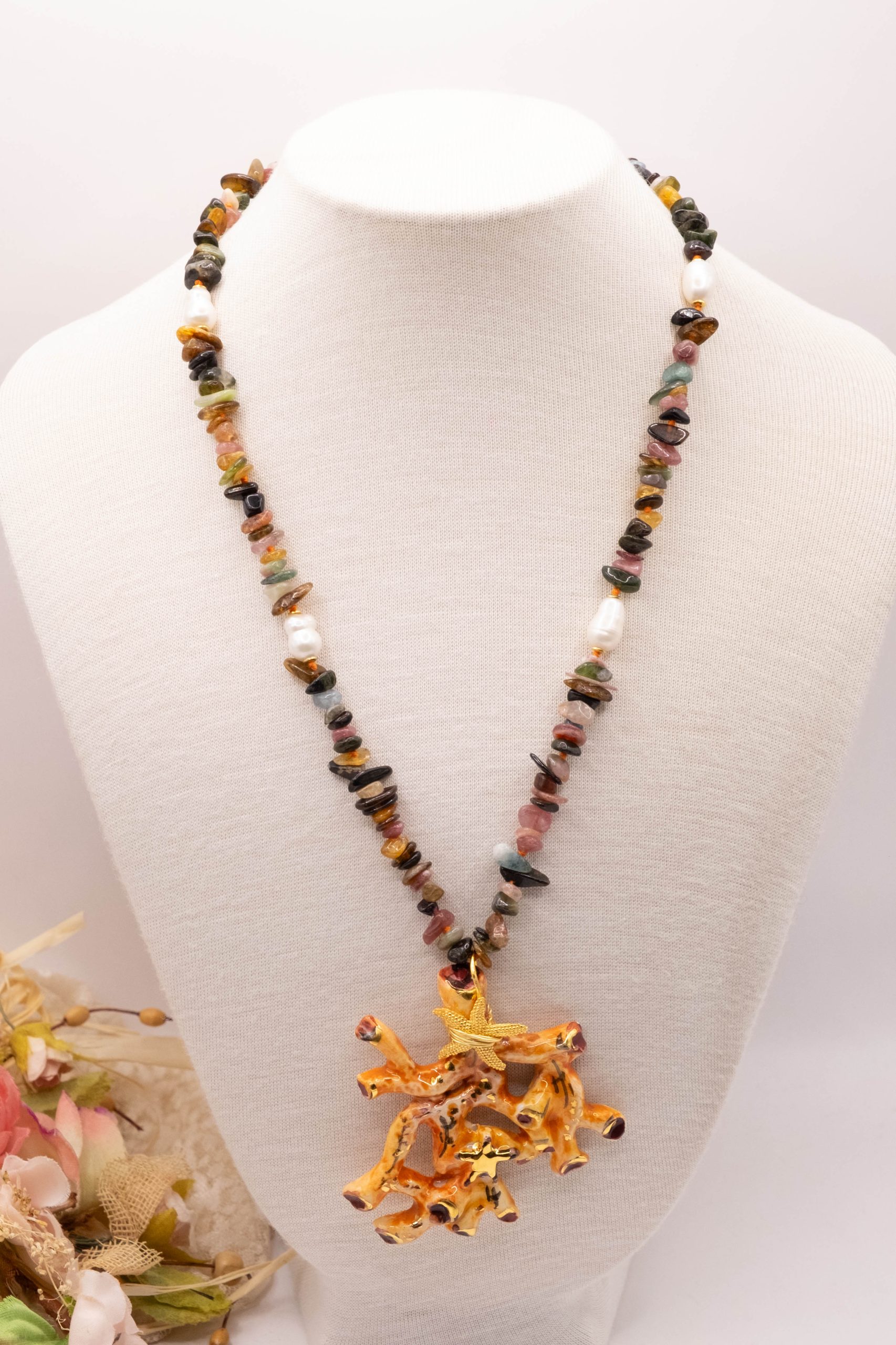 COLLANA RAMO CORALLO CERAMICA DI CALTAGIRONE SICILIANA TORMALINE MULTICOLORE PERLE ARGENTO (2)