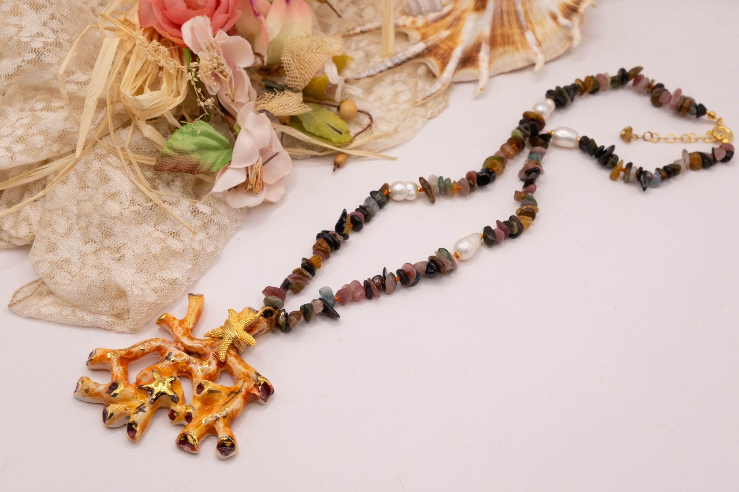 COLLANA RAMO CORALLO CERAMICA DI CALTAGIRONE SICILIANA TORMALINE MULTICOLORE PERLE ARGENTO (3)