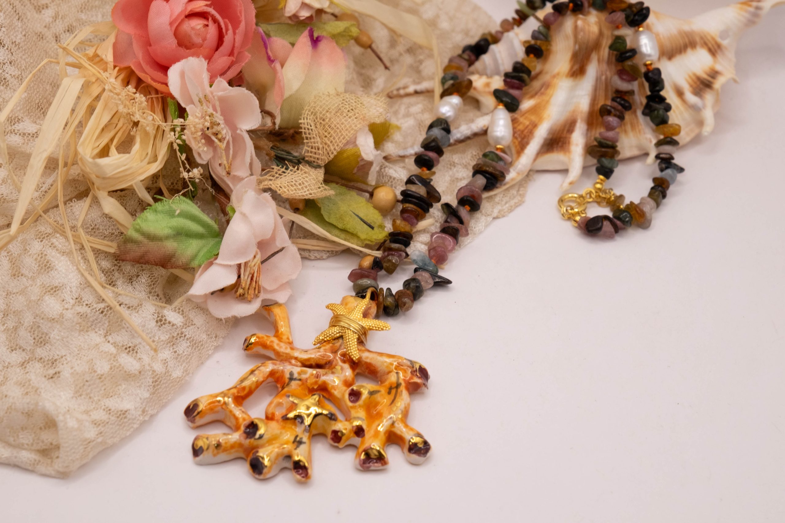 COLLANA RAMO CORALLO CERAMICA DI CALTAGIRONE SICILIANA TORMALINE MULTICOLORE PERLE ARGENTO (6)