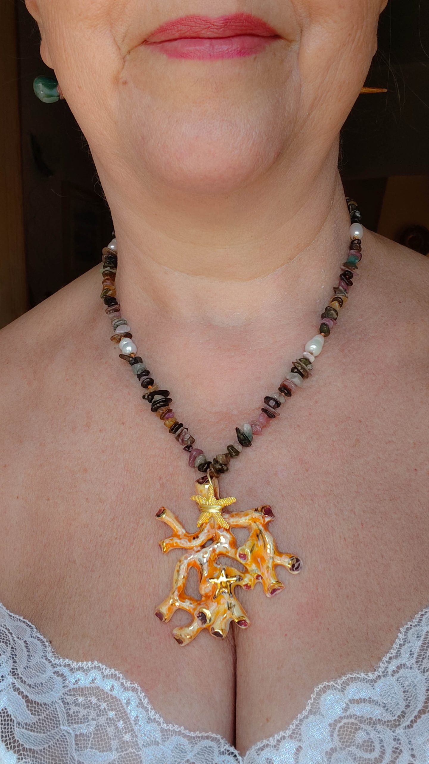 COLLANA RAMO CORALLO CERAMICA DI CALTAGIRONE SICILIANA TORMALINE MULTICOLORE PERLE ARGENTO