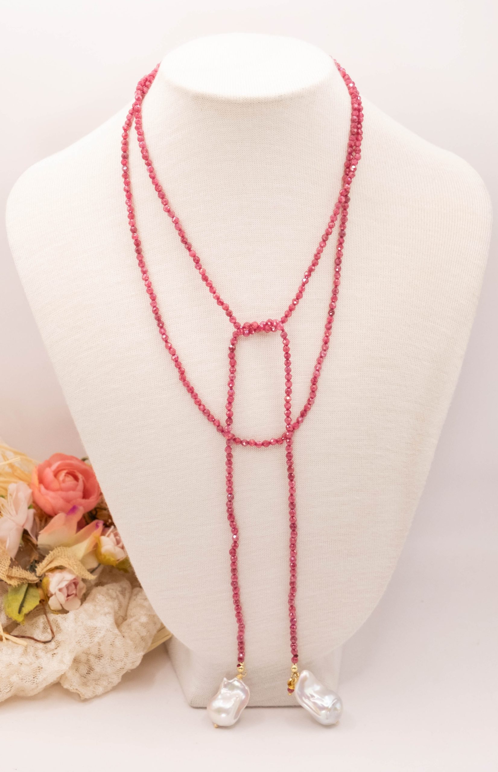 COLLANA ZIRCONI ROSSO FRAGOLA PERLE NATURALI TOP QUALITY ARTIGIANALE A SCIARPA (1)