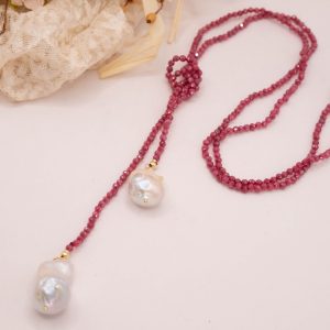 Collana Lunga a Sciarpa Zirconi Naturali Fragola Perle TQ