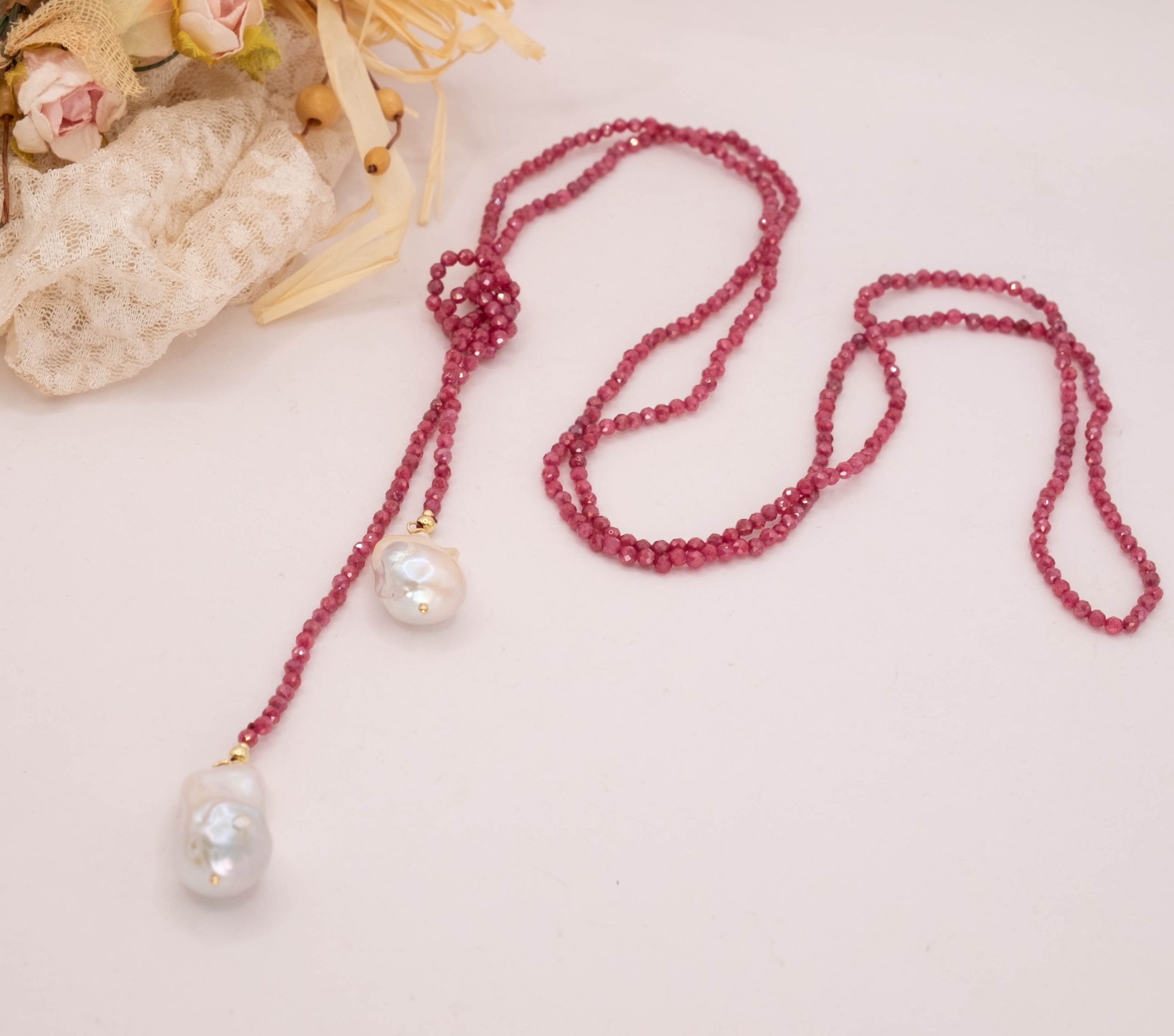 COLLANA ZIRCONI ROSSO FRAGOLA PERLE NATURALI TOP QUALITY ARTIGIANALE A SCIARPA (5)