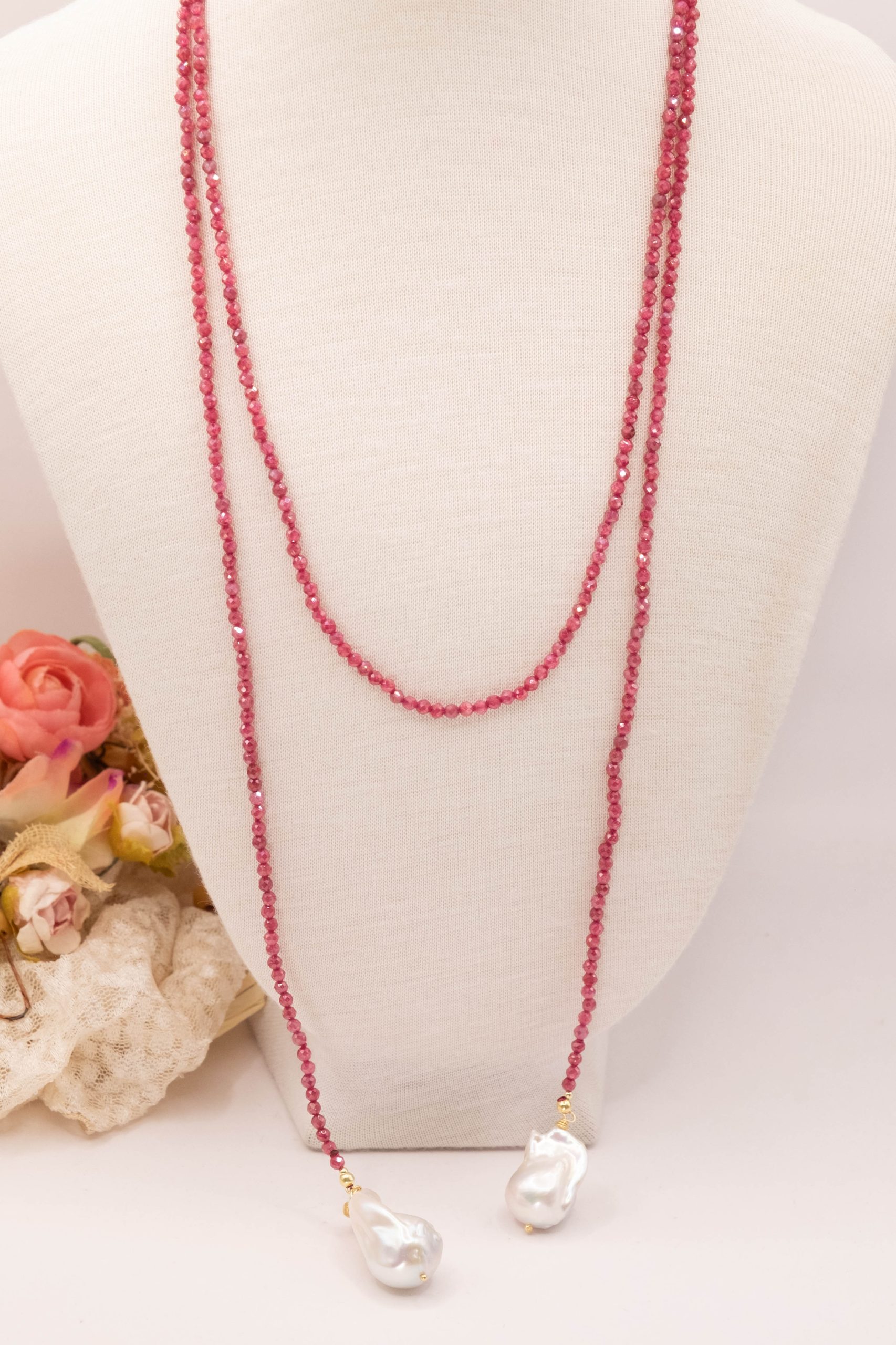 COLLANA ZIRCONI ROSSO FRAGOLA PERLE NATURALI TOP QUALITY ARTIGIANALE A SCIARPA (8)