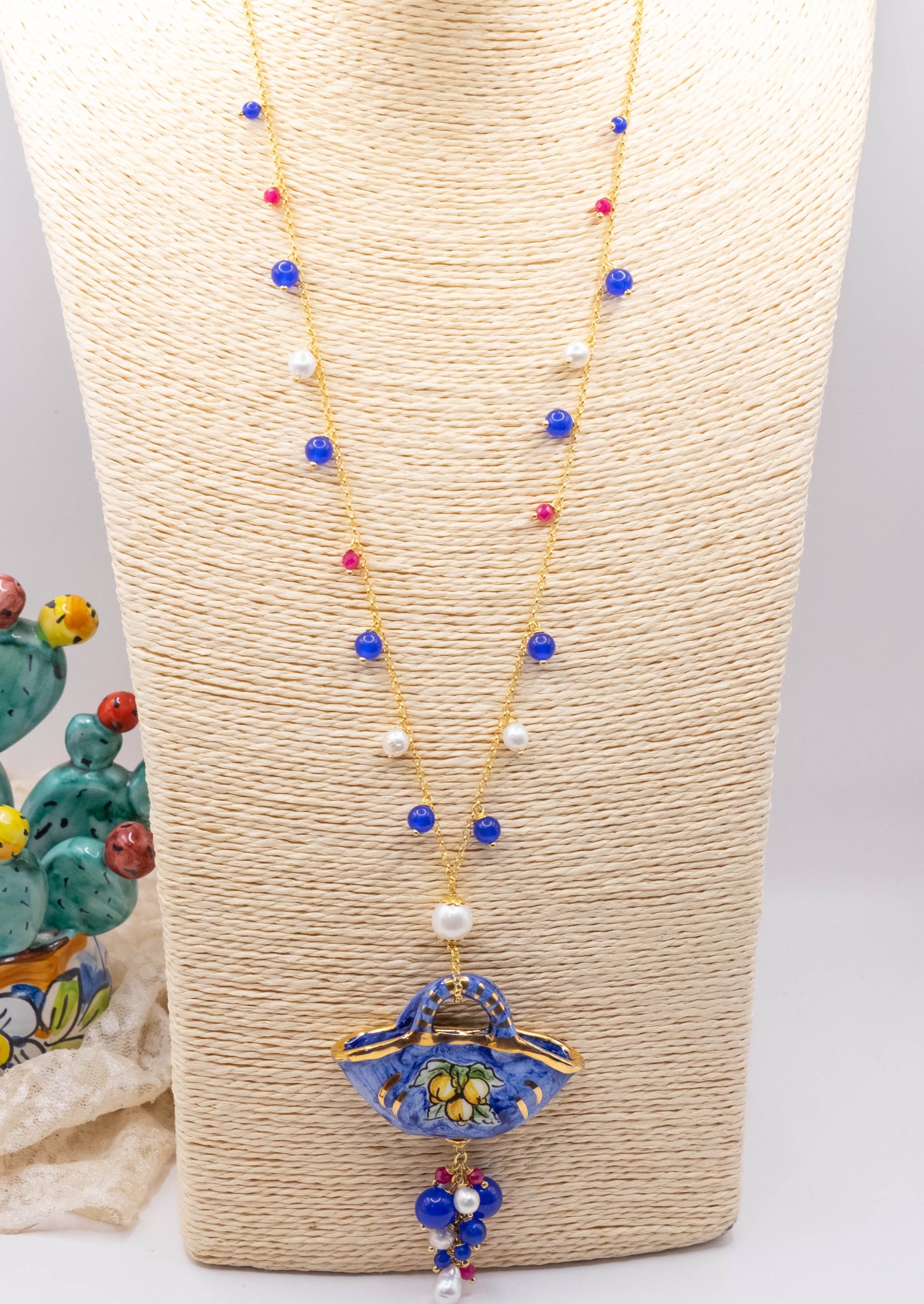 Caltagirone Ceramic Coffa Necklace with Burgundy Blue Jade Pearls and Silver Beads