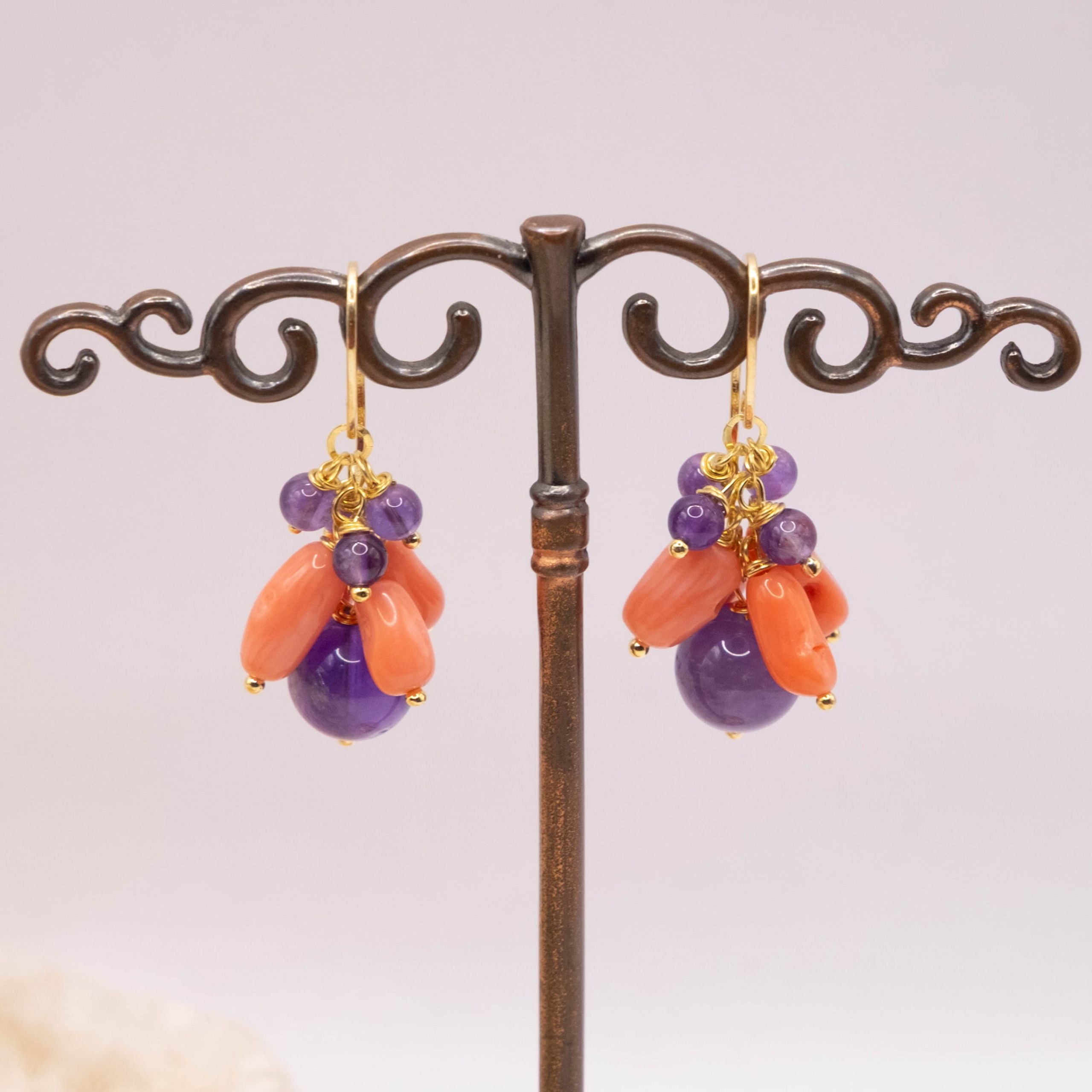 HANDMADE EARRINGS CORAL BAMBOO AMETHYST SILVER GOLD (1)